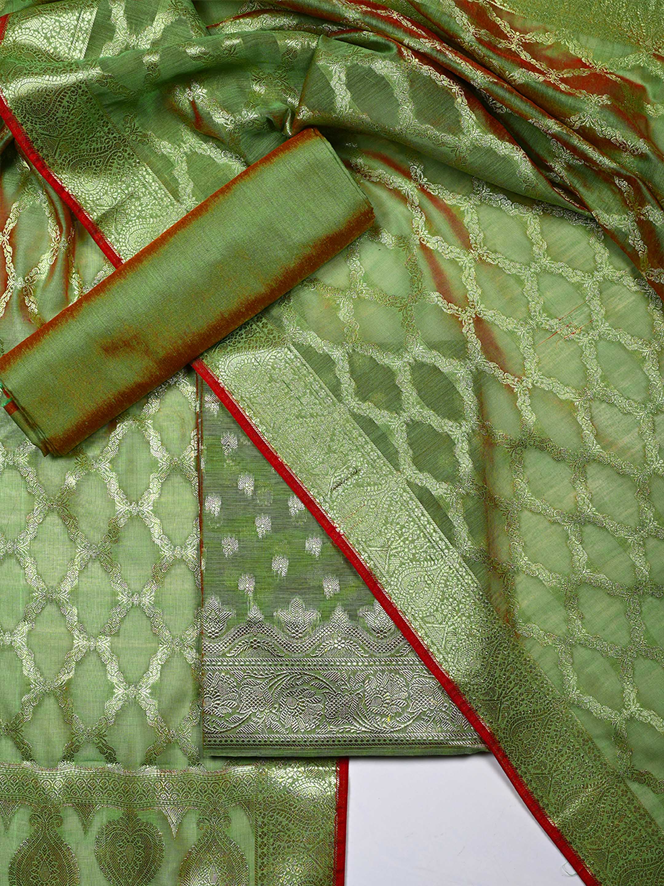 Sage Green Banarasi Chanderi Silk Unstitched Salwar Suit Dress Material with Woven Zari Dupatta