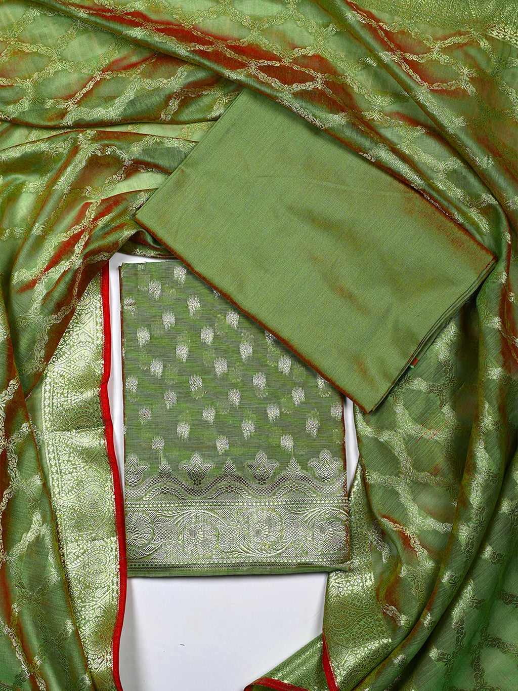 Sage Green Banarasi Chanderi Silk Unstitched Salwar Suit Dress Material with Woven Zari Dupatta