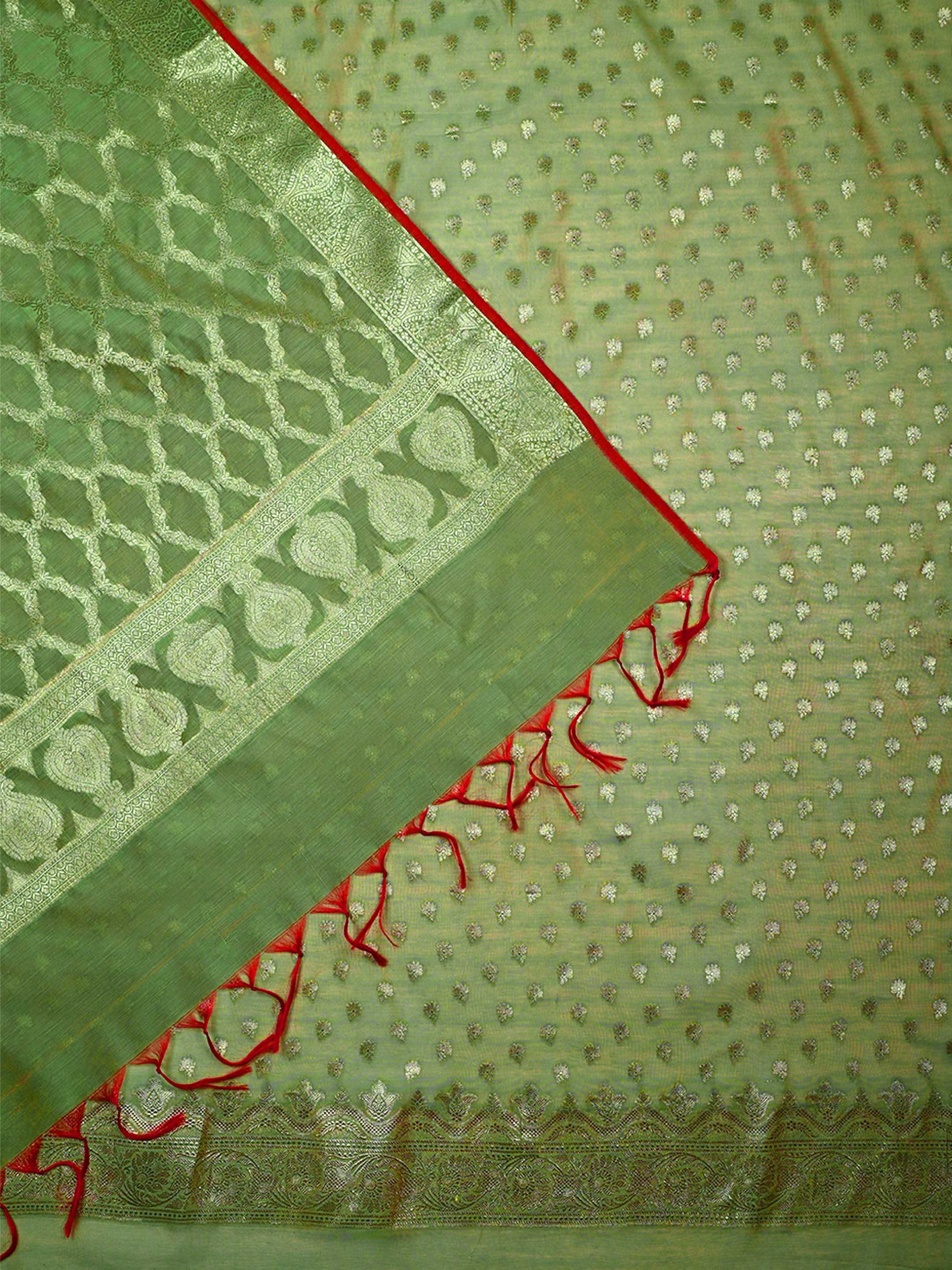 Sage Green Banarasi Chanderi Silk Unstitched Salwar Suit Dress Material with Woven Zari Dupatta