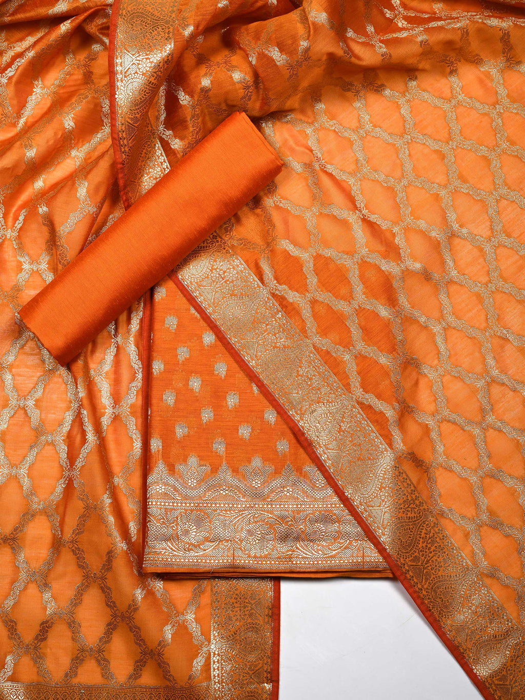 Orange Banarasi Chanderi Silk Unstitched Suit Set with Woven Dupatta & Bottom