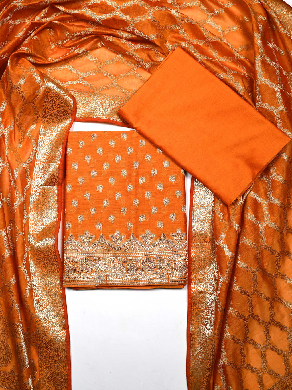 Orange Banarasi Chanderi Silk Unstitched Suit Set with Woven Dupatta & Bottom