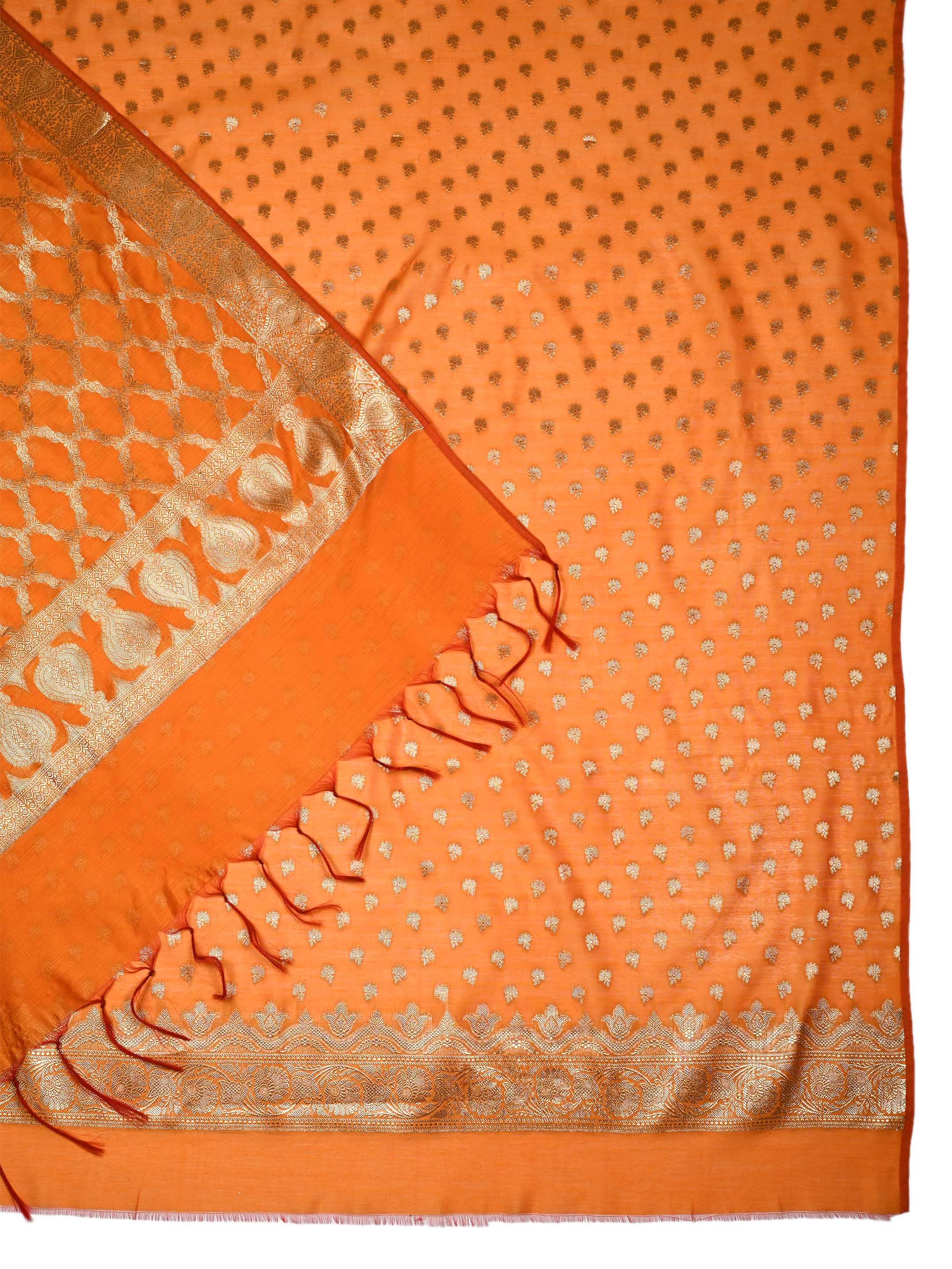 Orange Banarasi Chanderi Silk Unstitched Suit Set with Woven Dupatta & Bottom