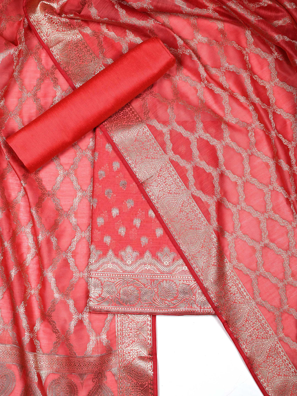 Coral Pink Banarasi Chanderi Silk Unstitched Salwar Suit Dress Material with Woven Zari Dupatta & Chanderi Silk Bottom