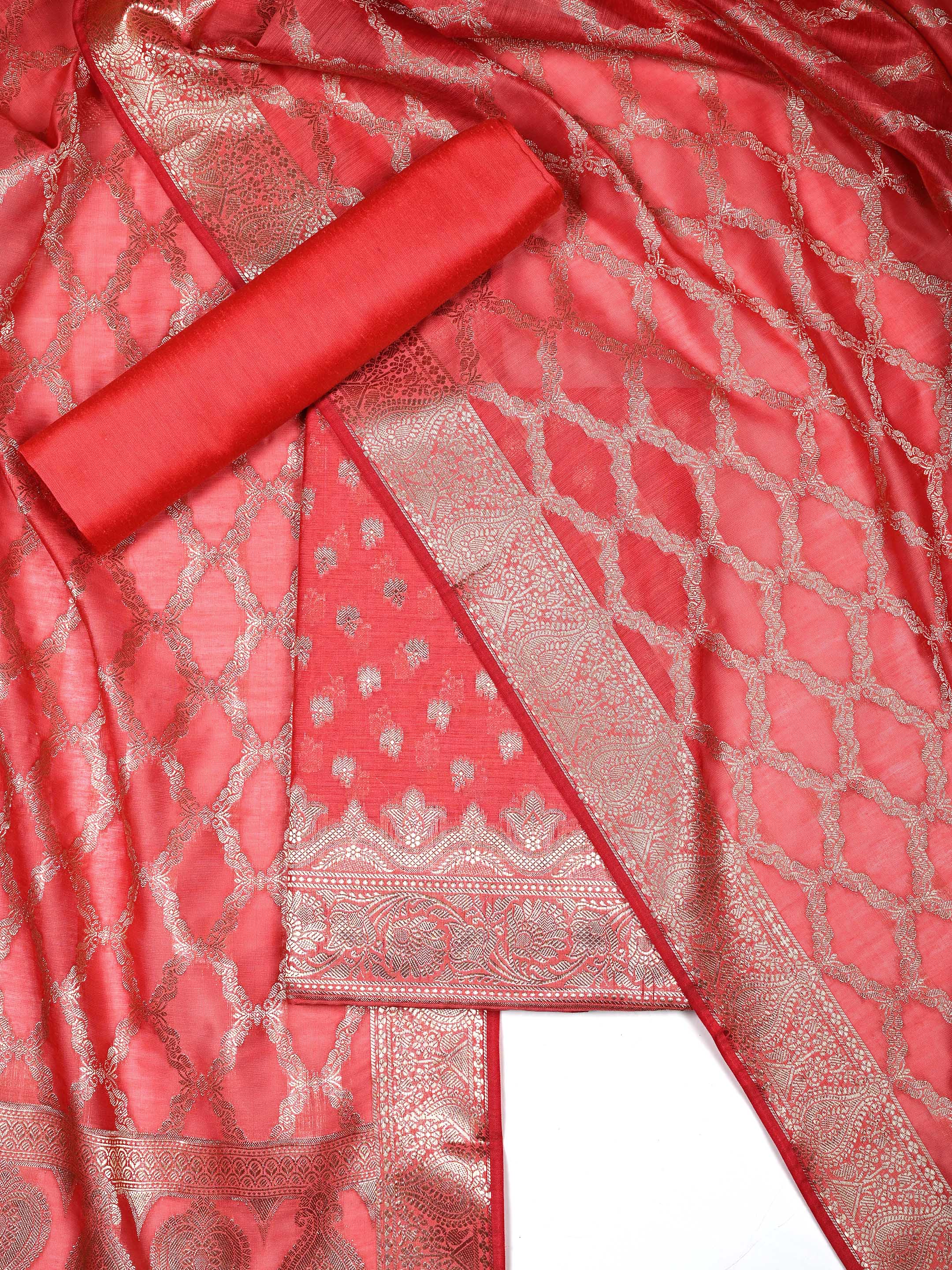 Coral Pink Banarasi Chanderi Silk Unstitched Salwar Suit Dress Material with Woven Zari Dupatta & Chanderi Silk Bottom