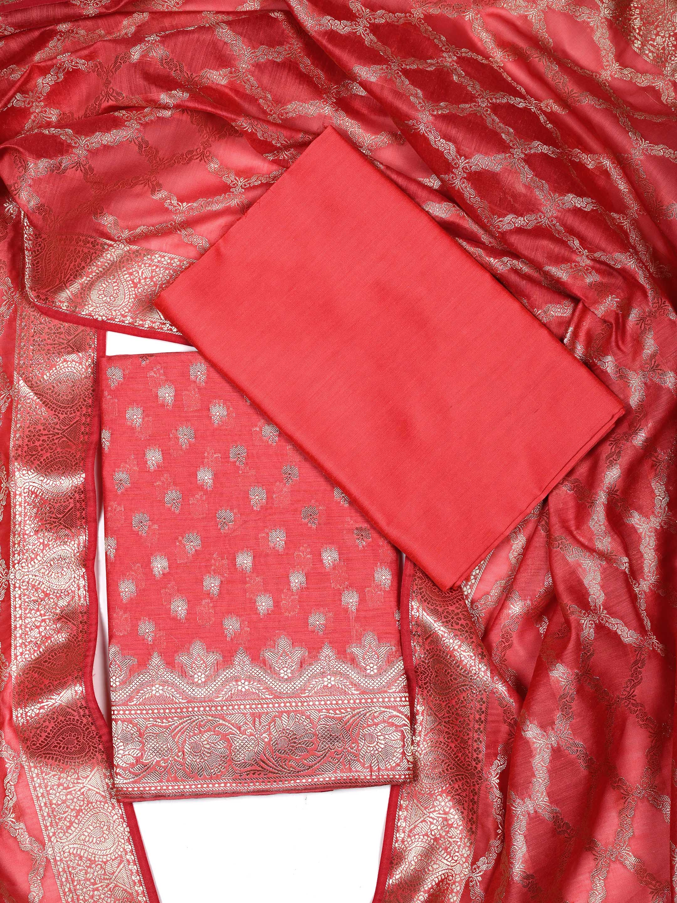 Coral Pink Banarasi Chanderi Silk Unstitched Salwar Suit Dress Material with Woven Zari Dupatta & Chanderi Silk Bottom