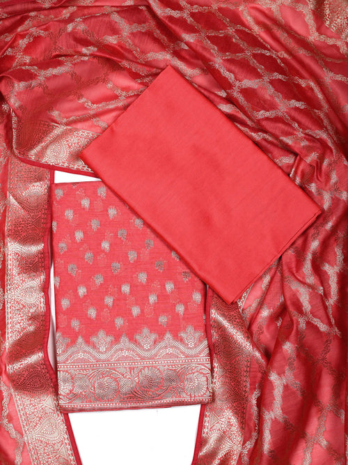Coral Pink Banarasi Chanderi Silk Unstitched Salwar Suit Dress Material with Woven Zari Dupatta & Chanderi Silk Bottom