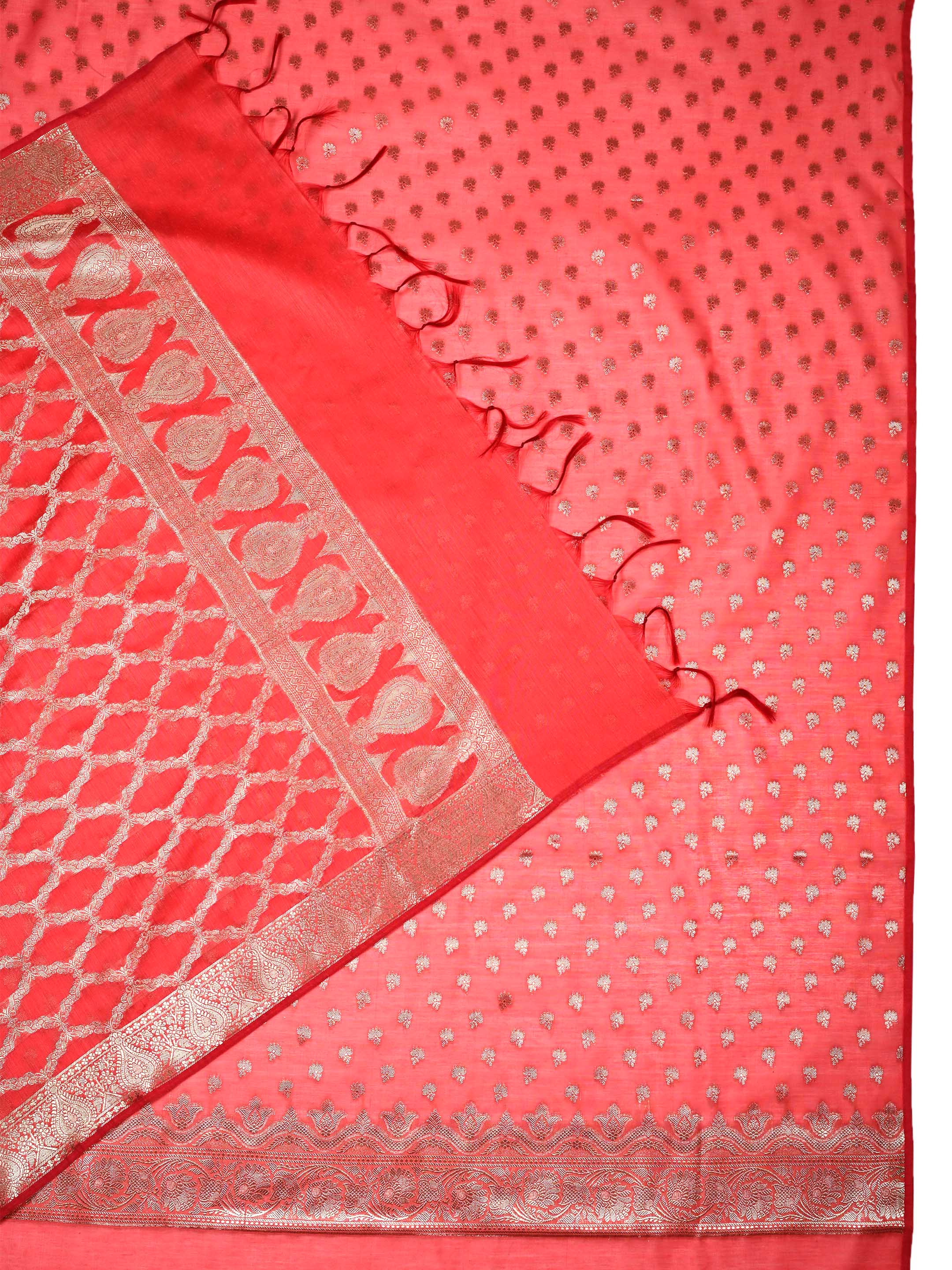 Coral Pink Banarasi Chanderi Silk Unstitched Salwar Suit Dress Material with Woven Zari Dupatta & Chanderi Silk Bottom