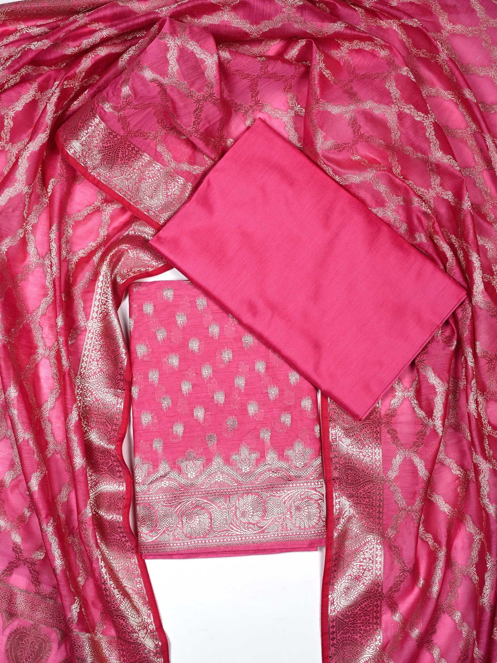 Rani Pink Banarasi Chanderi Silk Unstitched Salwar Suit Dress Material with Woven Zari Dupatta & Chanderi Silk Bottom
