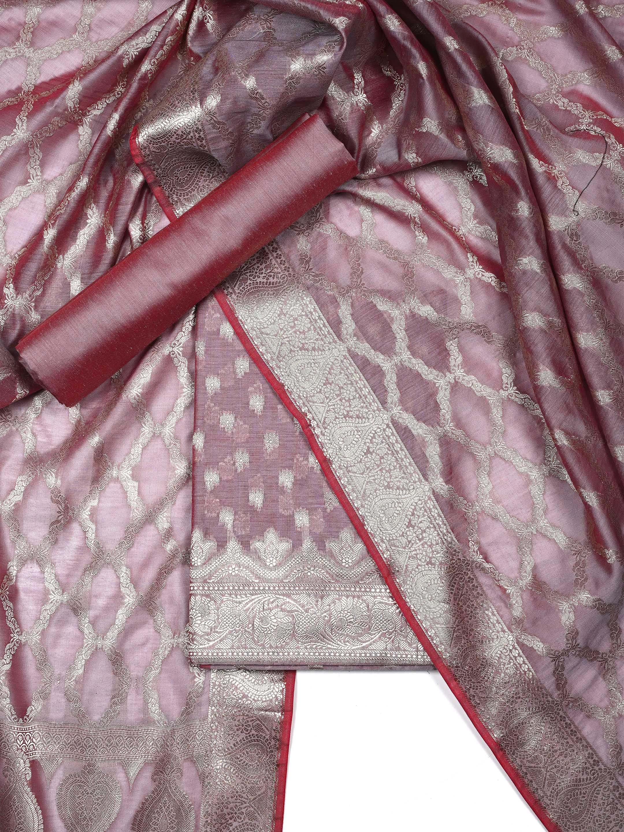 Onion Pink Banarasi Chanderi Silk Unstitched Salwar Suit Dress Material with Woven Zari Dupatta & Chanderi Silk Bottom