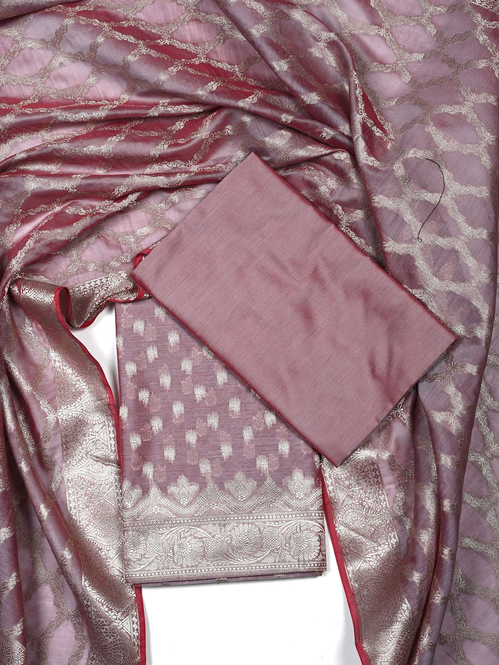 Onion Pink Banarasi Chanderi Silk Unstitched Salwar Suit Dress Material with Woven Zari Dupatta & Chanderi Silk Bottom