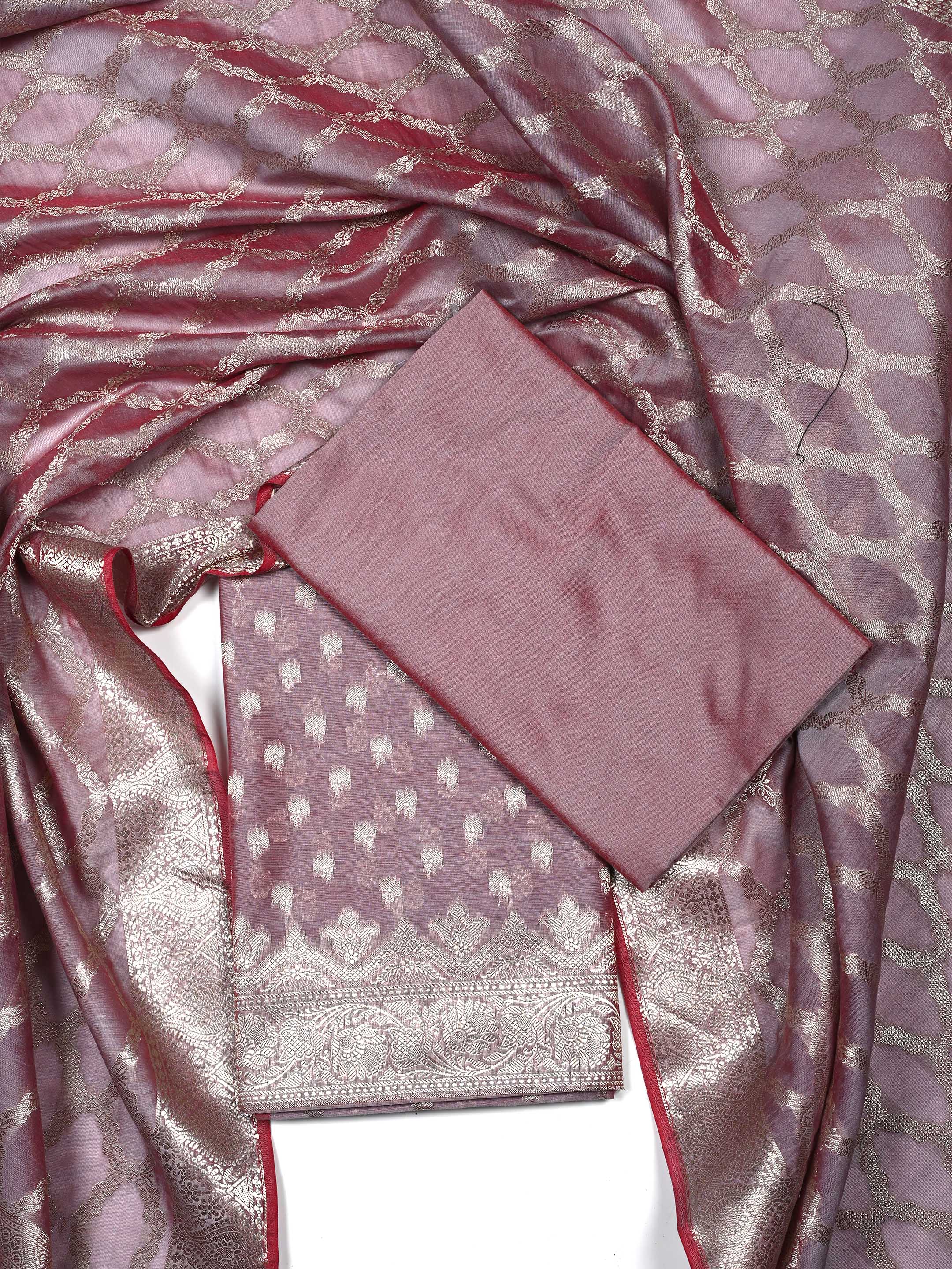 Onion Pink Banarasi Chanderi Silk Unstitched Salwar Suit Dress Material with Woven Zari Dupatta & Chanderi Silk Bottom
