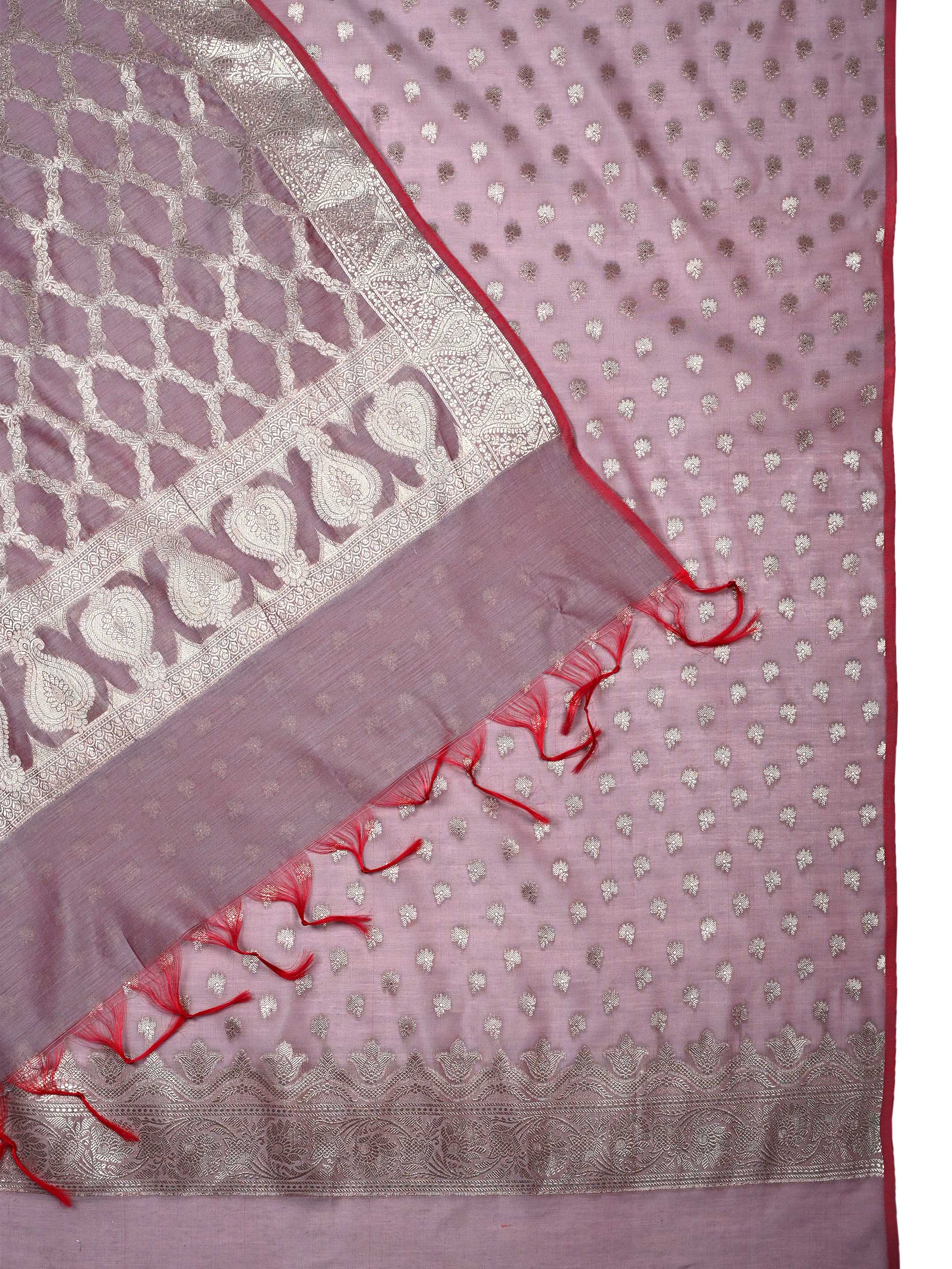 Onion Pink Banarasi Chanderi Silk Unstitched Salwar Suit Dress Material with Woven Zari Dupatta & Chanderi Silk Bottom