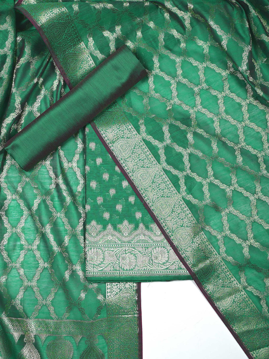 Emerald Green Banarasi Chanderi Silk Unstitched Salwar Suit Dress Material with Woven Zari Dupatta & Chanderi Silk Bottom
