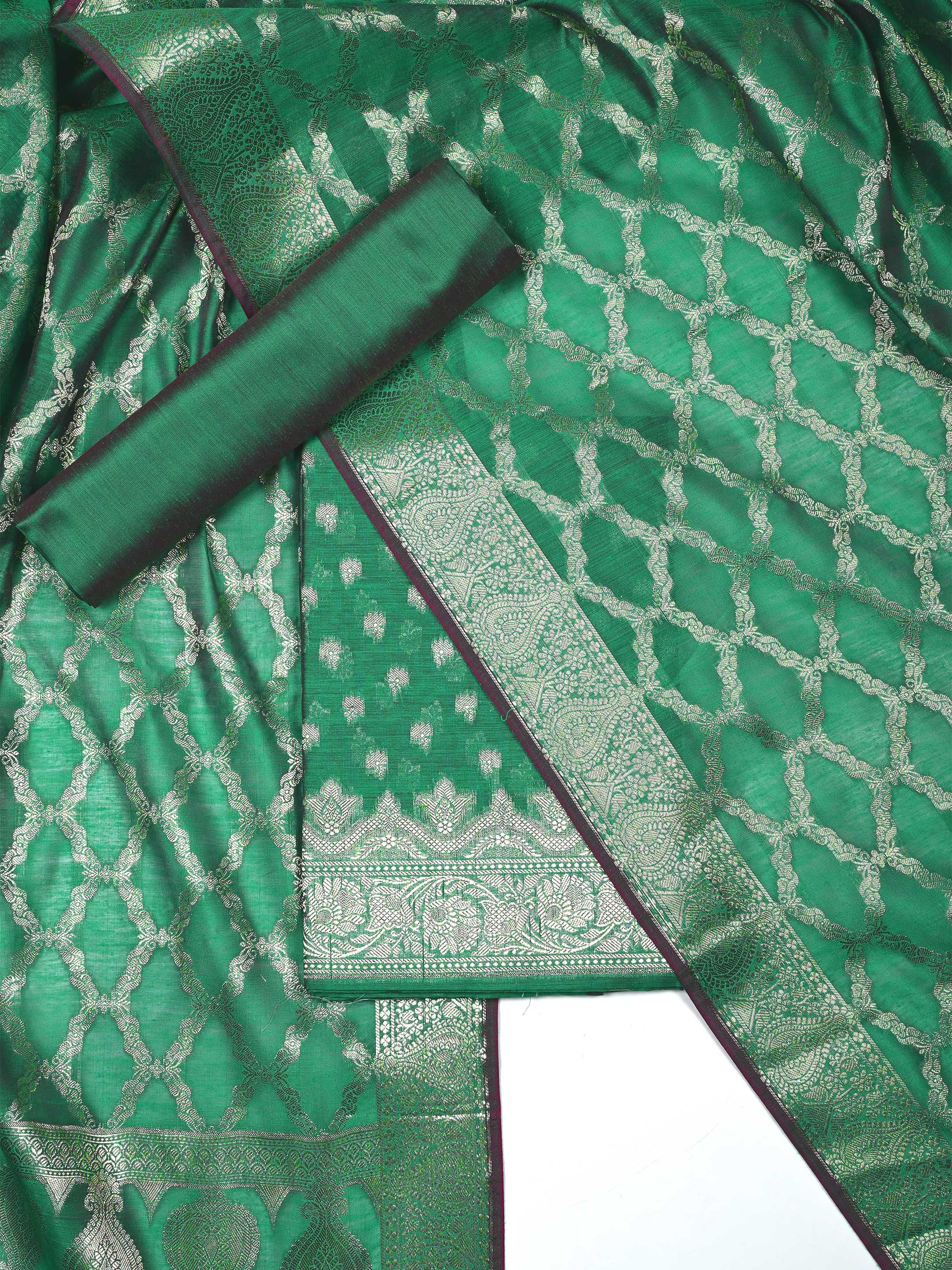 Emerald Green Banarasi Chanderi Silk Unstitched Salwar Suit Dress Material with Woven Zari Dupatta & Chanderi Silk Bottom