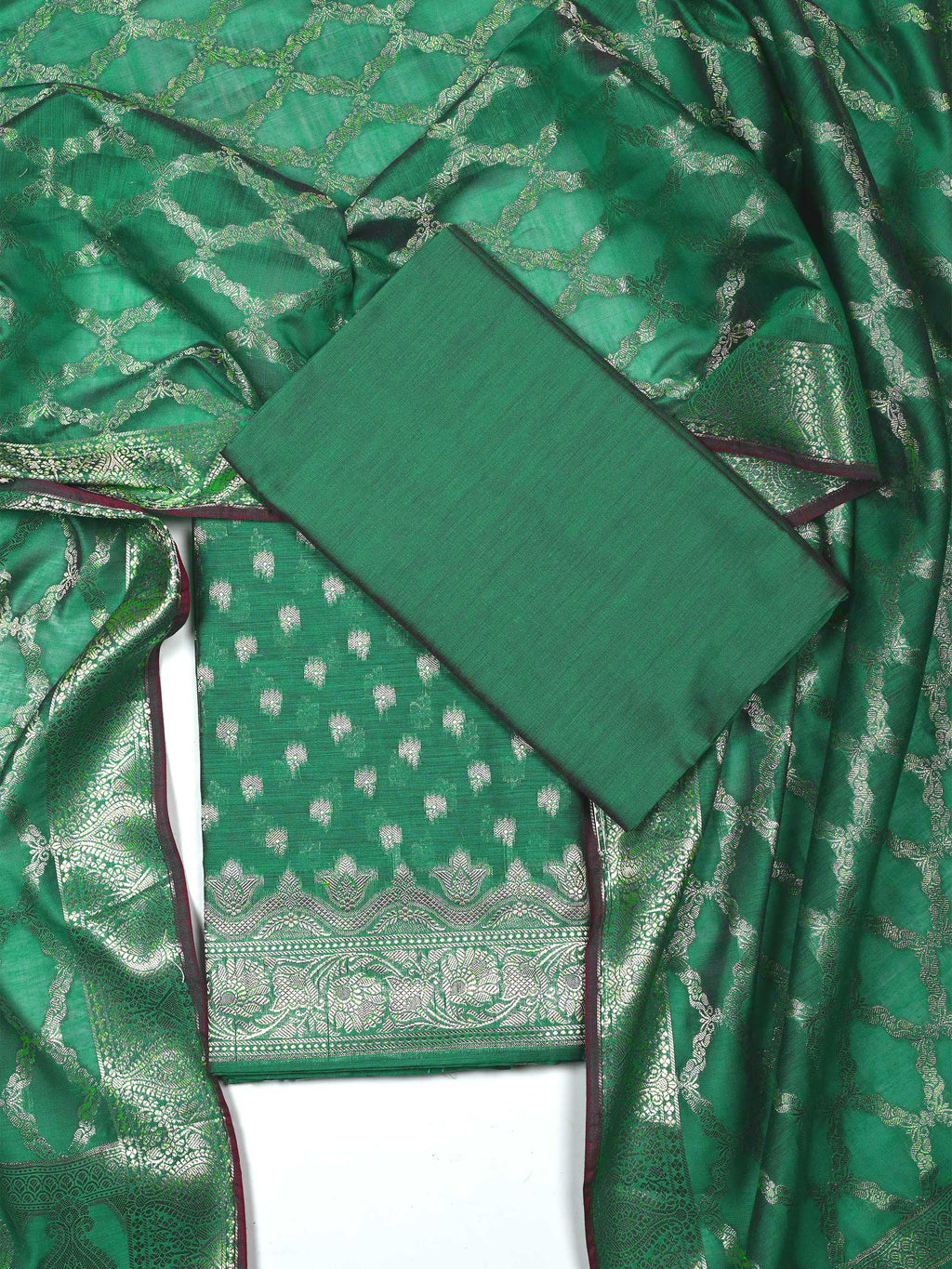 Emerald Green Banarasi Chanderi Silk Unstitched Salwar Suit Dress Material with Woven Zari Dupatta & Chanderi Silk Bottom