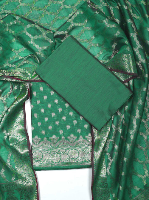 Emerald Green Banarasi Chanderi Silk Unstitched Salwar Suit Dress Material with Woven Zari Dupatta & Chanderi Silk Bottom