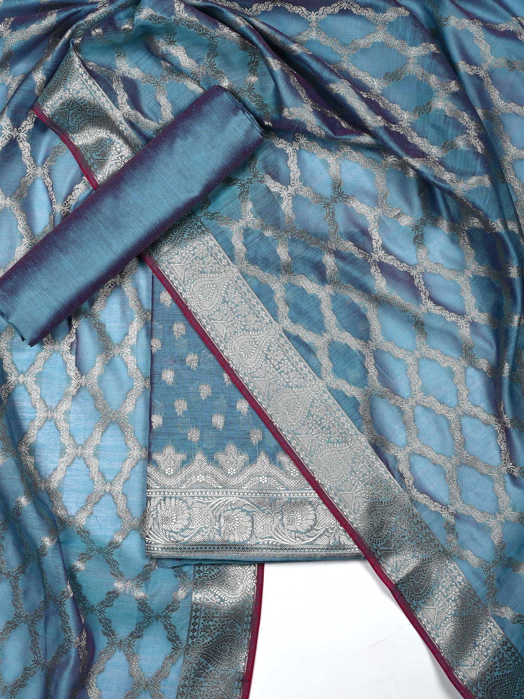 Steel Blue Banarasi Chanderi Silk Unstitched Salwar Suit Dress Material with Woven Zari Dupatta & Chanderi Silk Bottom