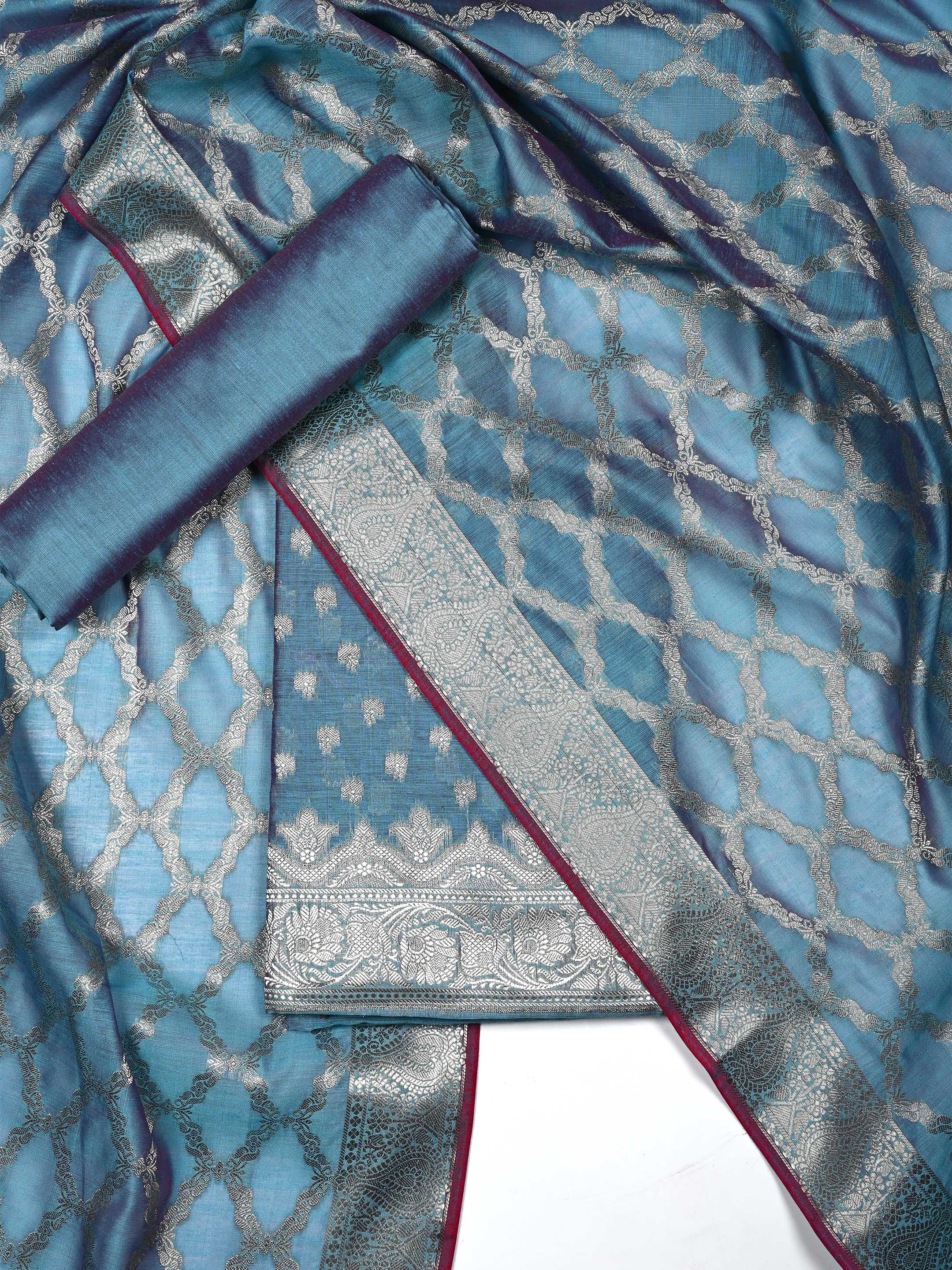 Steel Blue Banarasi Chanderi Silk Unstitched Salwar Suit Dress Material with Woven Zari Dupatta & Chanderi Silk Bottom
