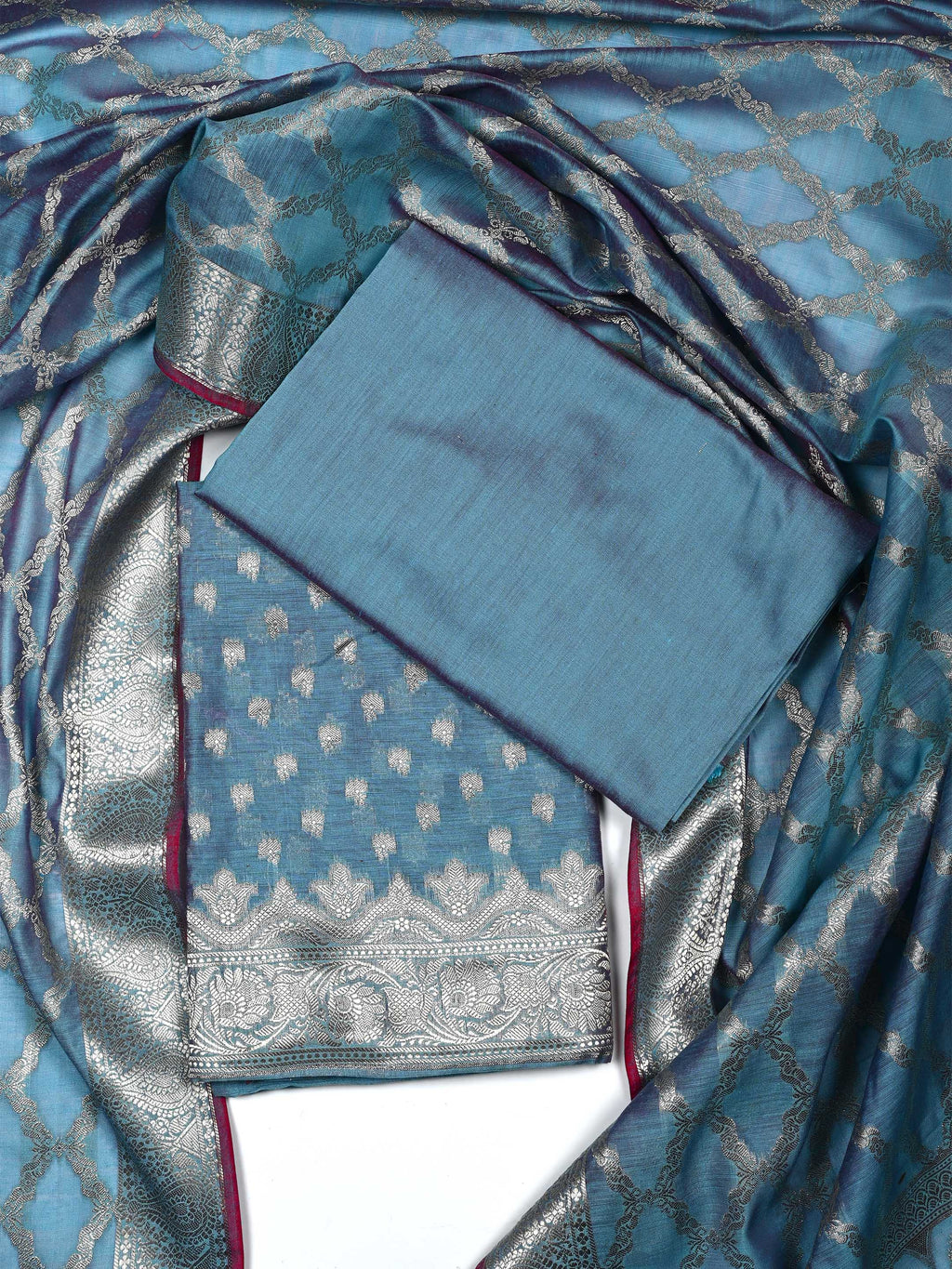 Steel Blue Banarasi Chanderi Silk Unstitched Salwar Suit Dress Material with Woven Zari Dupatta & Chanderi Silk Bottom