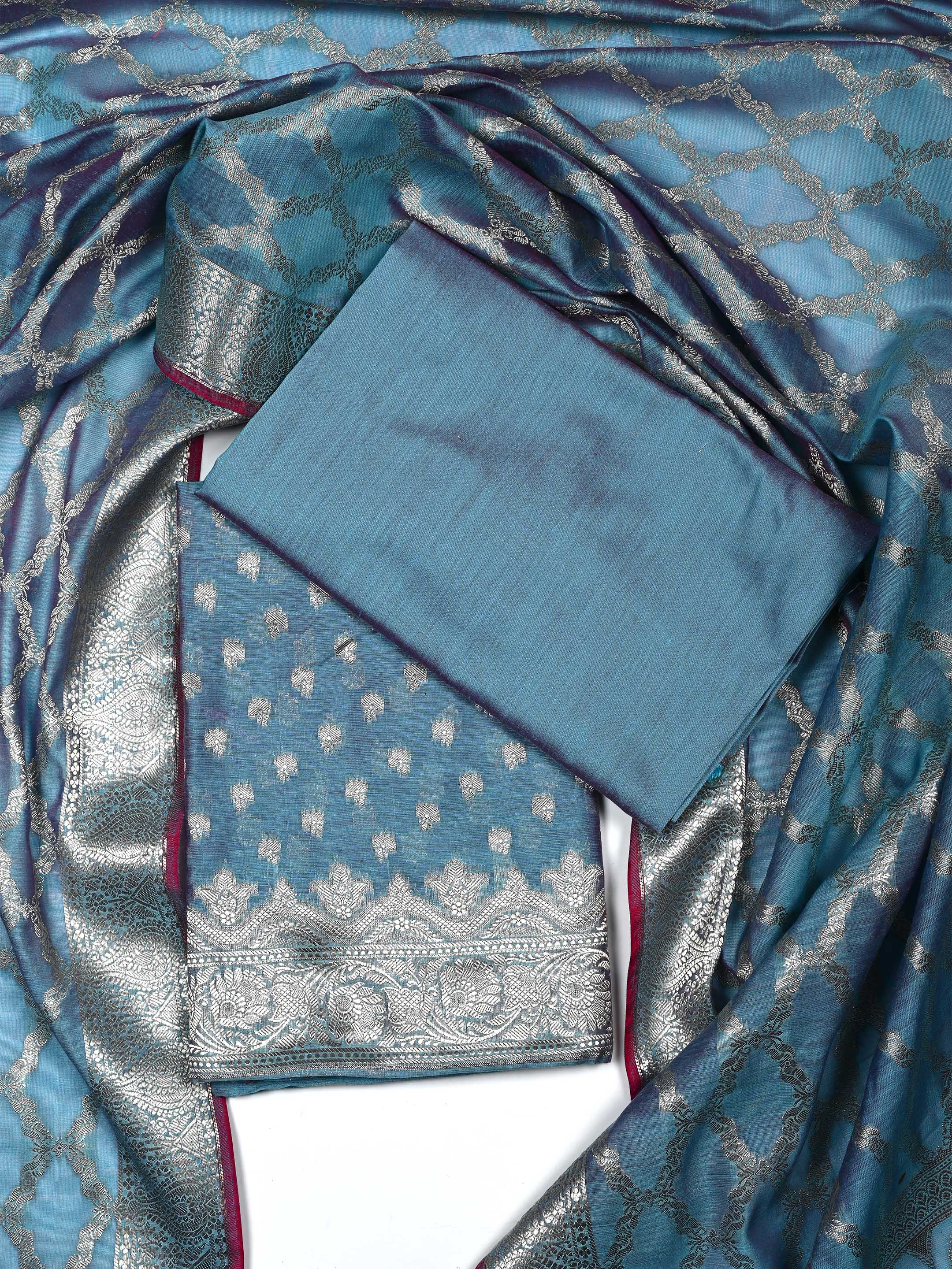 Steel Blue Banarasi Chanderi Silk Unstitched Salwar Suit Dress Material with Woven Zari Dupatta & Chanderi Silk Bottom