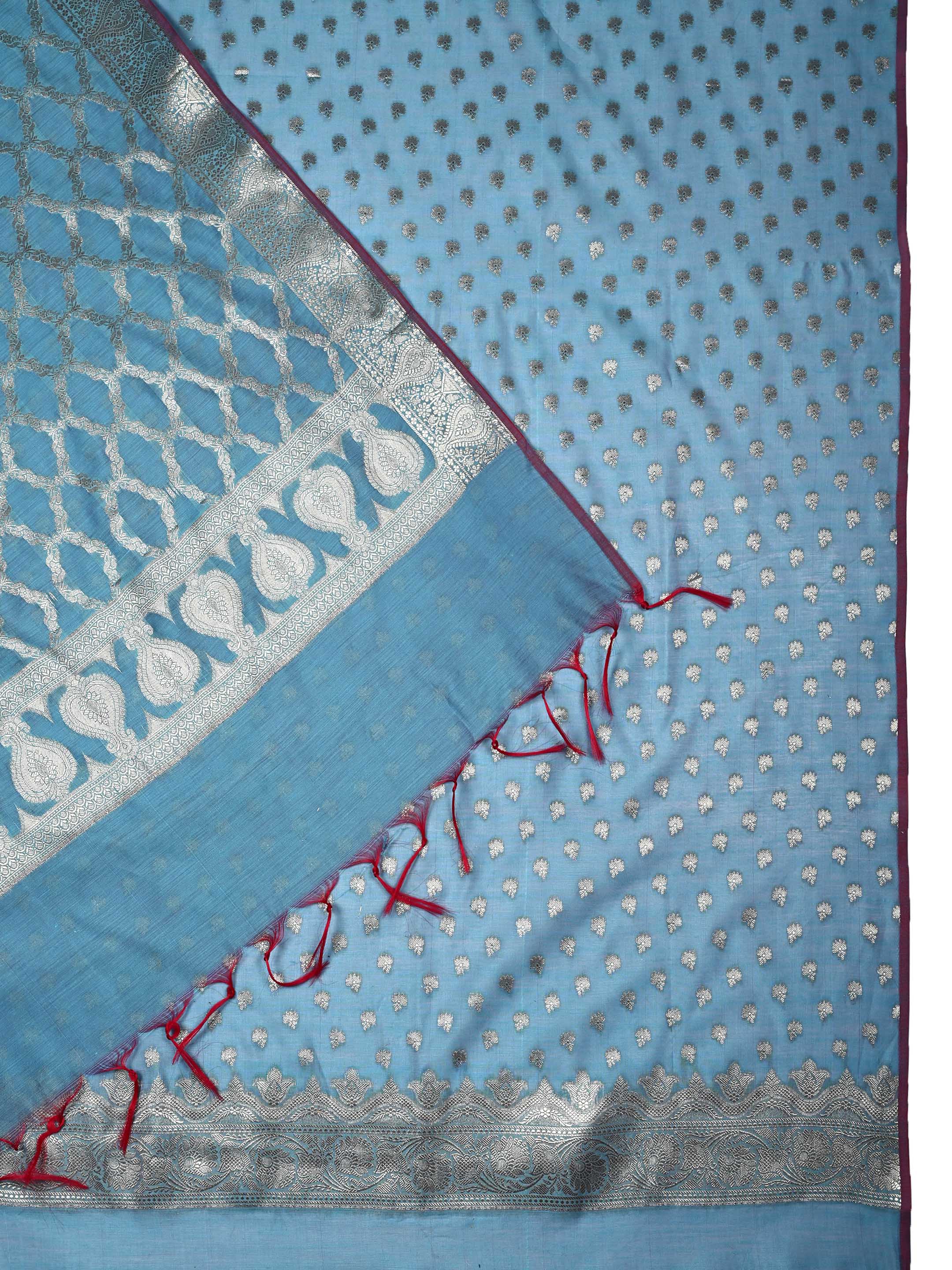Steel Blue Banarasi Chanderi Silk Unstitched Salwar Suit Dress Material with Woven Zari Dupatta & Chanderi Silk Bottom
