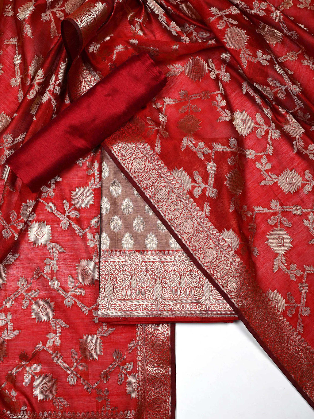 Crimson Red & Muted Beige Banarasi Chanderi Silk Suit Set with Zari Dupatta