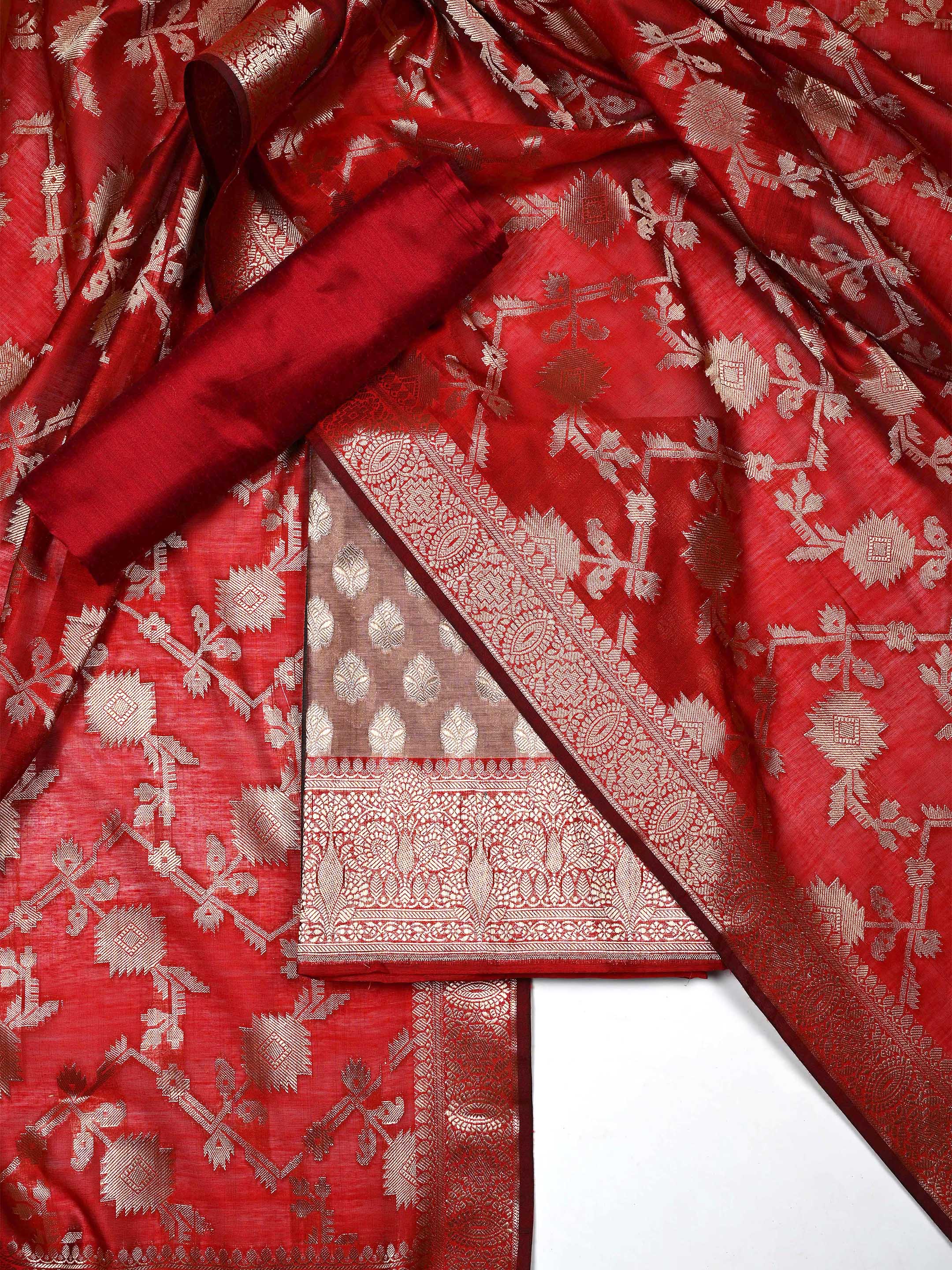 Crimson Red & Muted Beige Banarasi Chanderi Silk Suit Set with Zari Dupatta