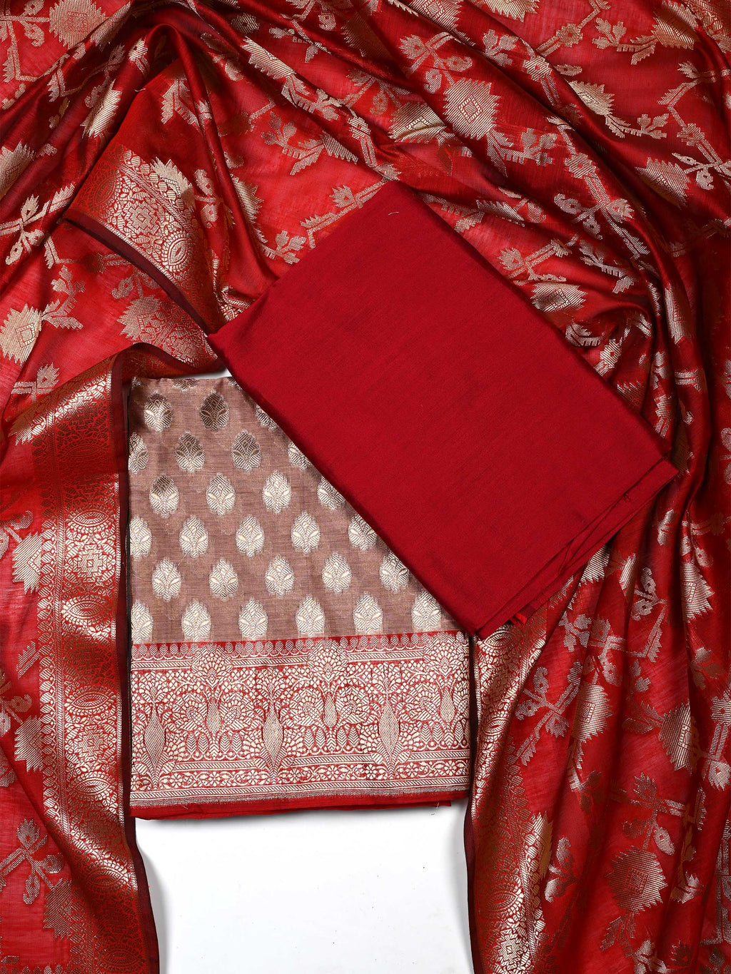 Crimson Red & Muted Beige Banarasi Chanderi Silk Suit Set with Zari Dupatta