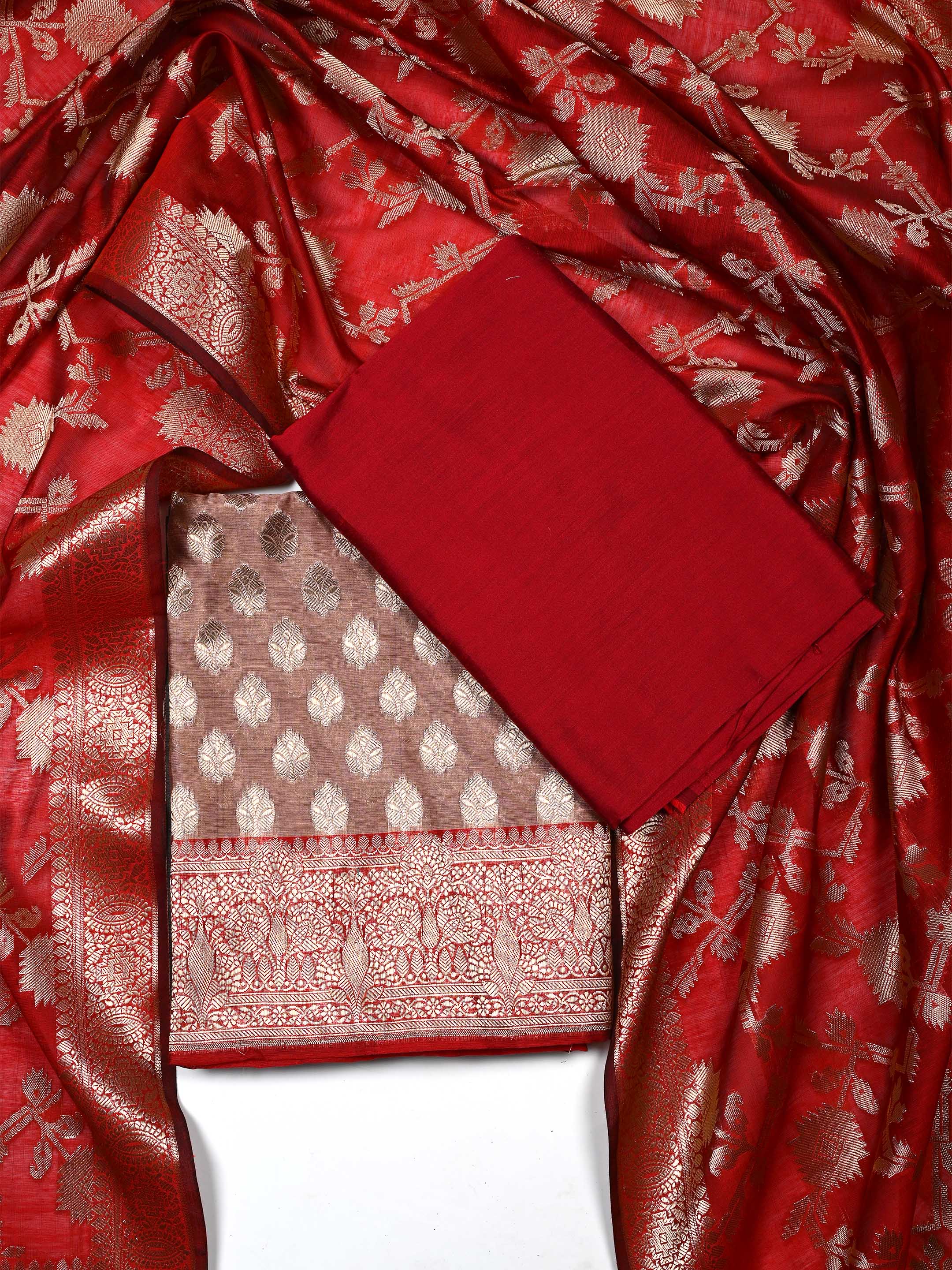 Crimson Red & Muted Beige Banarasi Chanderi Silk Suit Set with Zari Dupatta