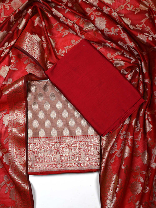 Crimson Red & Muted Beige Banarasi Chanderi Silk Suit Set with Zari Dupatta