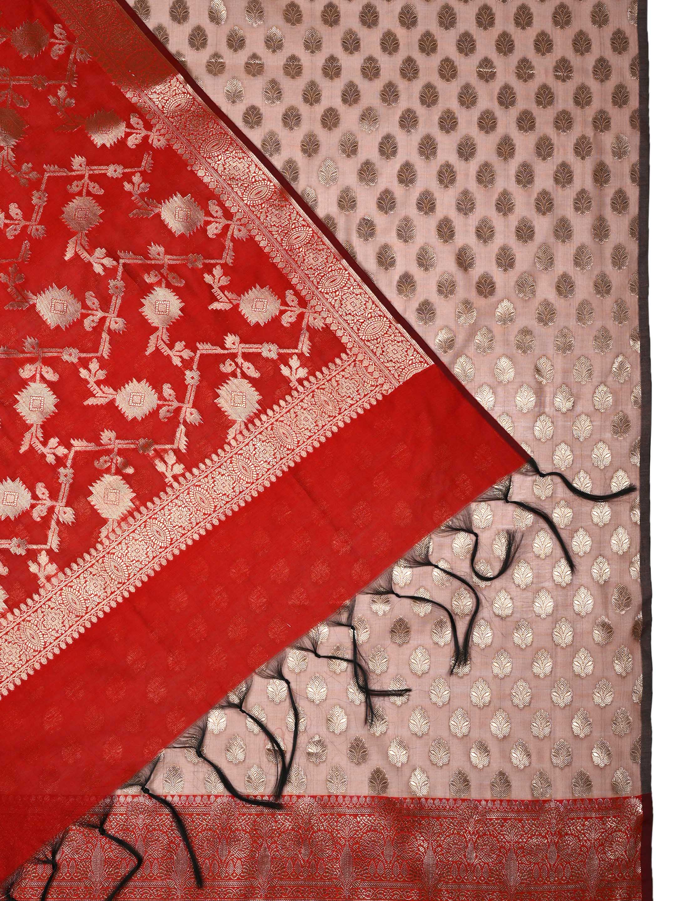 Crimson Red & Muted Beige Banarasi Chanderi Silk Suit Set with Zari Dupatta
