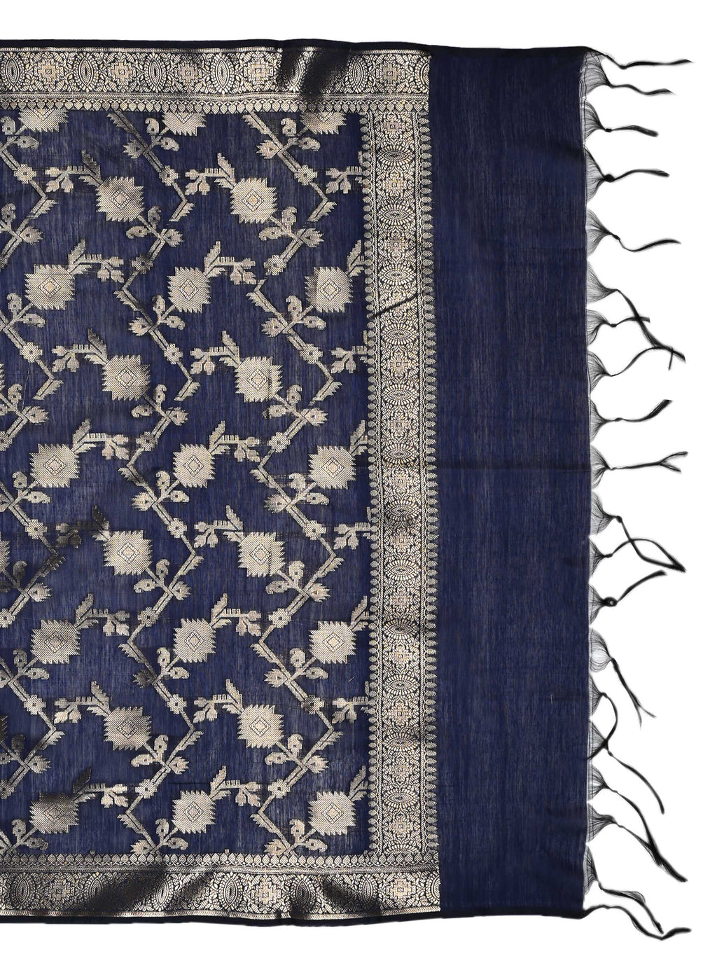 Navy Blue & Grey Banarasi Chanderi Silk Unstitched Suit Set with Floral Jaal Dupatta