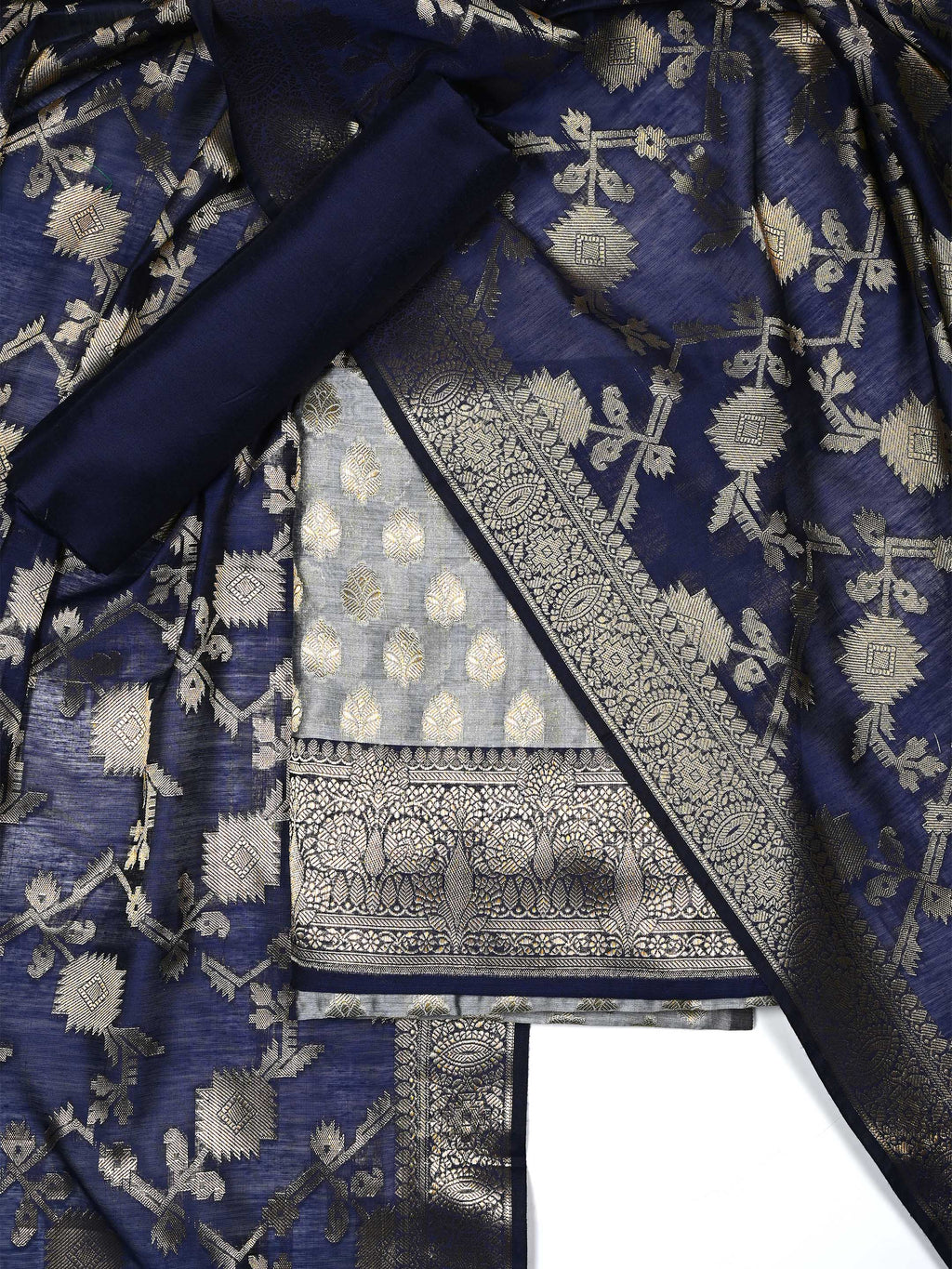 Navy Blue & Grey Banarasi Chanderi Silk Unstitched Suit Set with Floral Jaal Dupatta
