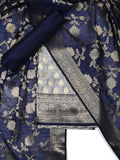 Navy Blue & Grey Banarasi Chanderi Silk Unstitched Suit Set with Floral Jaal Dupatta