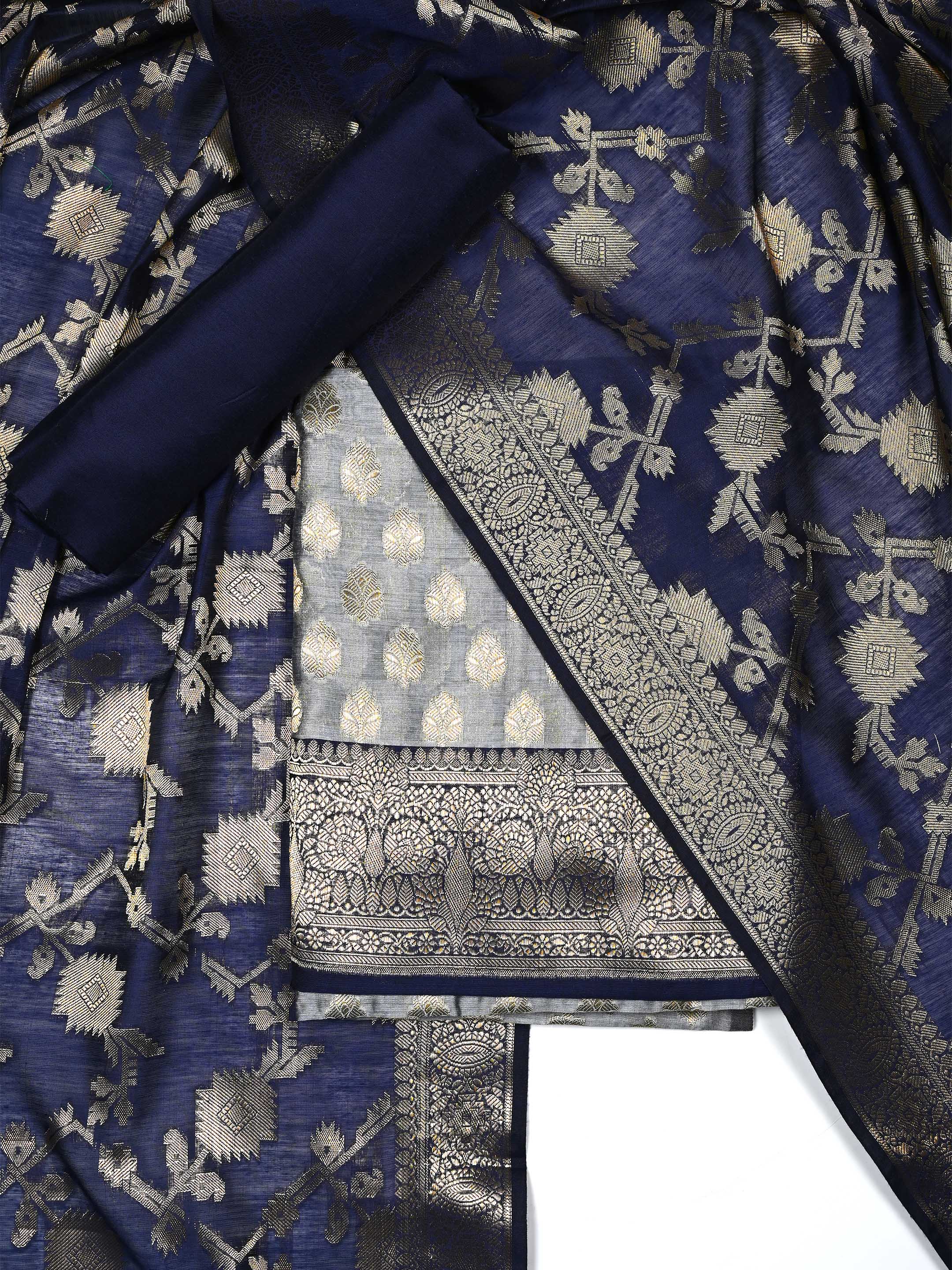 Navy Blue & Grey Banarasi Chanderi Silk Unstitched Suit Set with Floral Jaal Dupatta