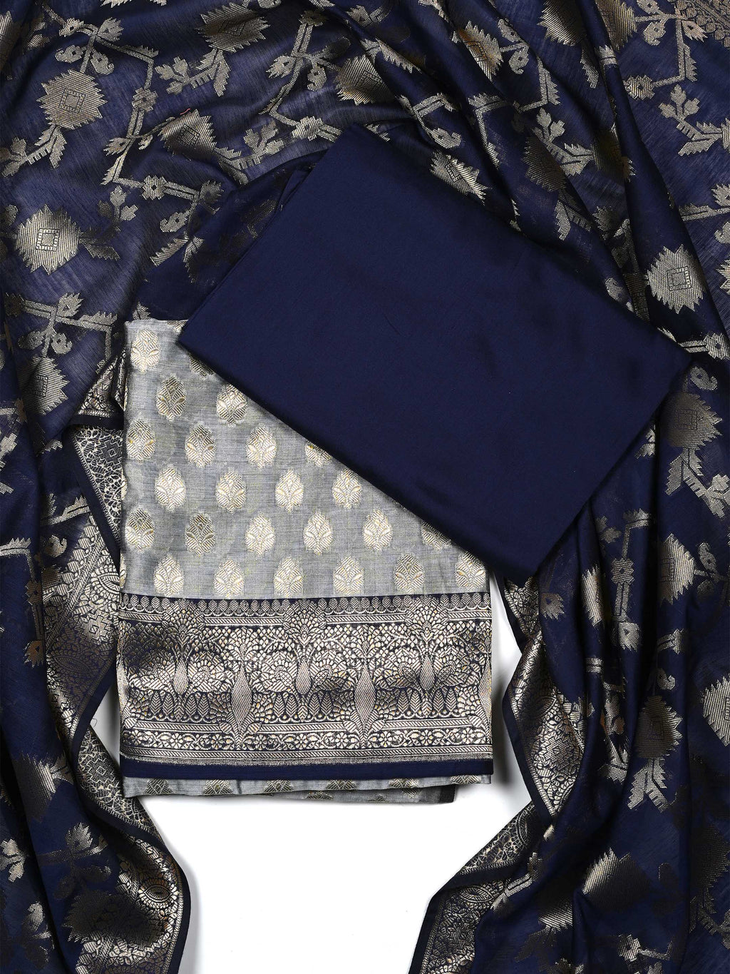 Navy Blue & Grey Banarasi Chanderi Silk Unstitched Suit Set with Floral Jaal Dupatta