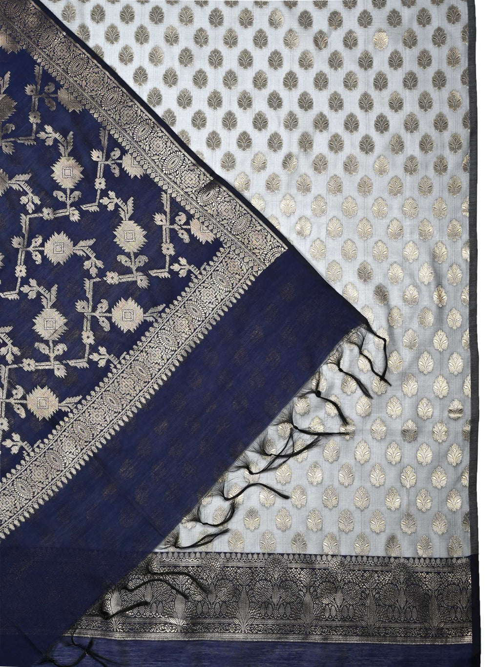 Navy Blue & Grey Banarasi Chanderi Silk Unstitched Suit Set with Floral Jaal Dupatta