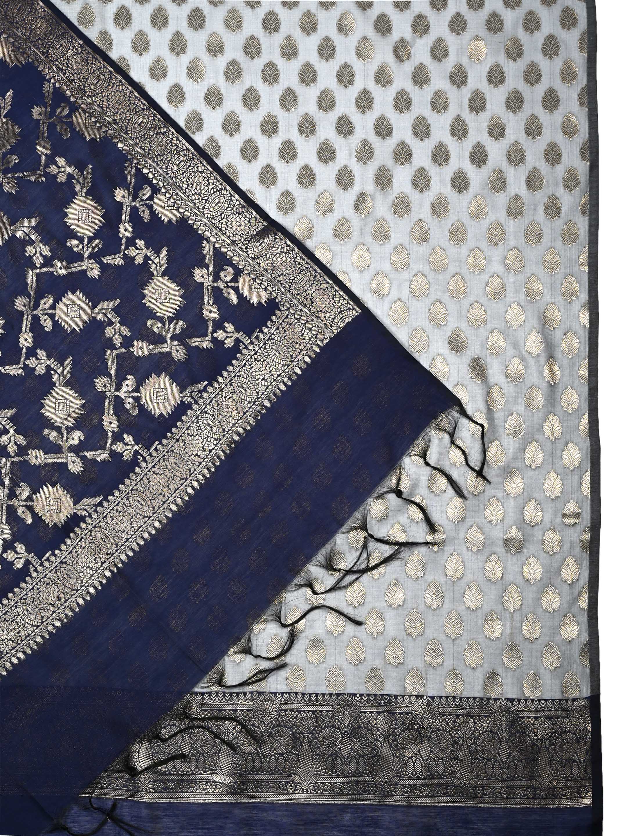 Navy Blue & Grey Banarasi Chanderi Silk Unstitched Suit Set with Floral Jaal Dupatta