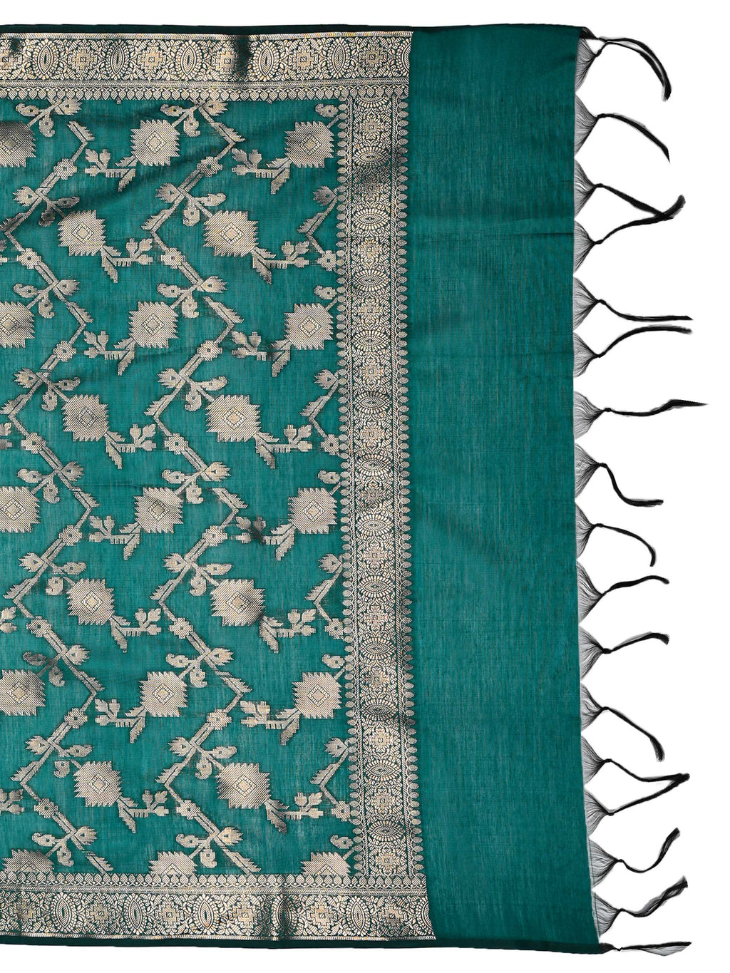 Emerald Teal Green & Grey Banarasi Chanderi Silk Unstitched Suit Set with Floral Jaal Dupatta