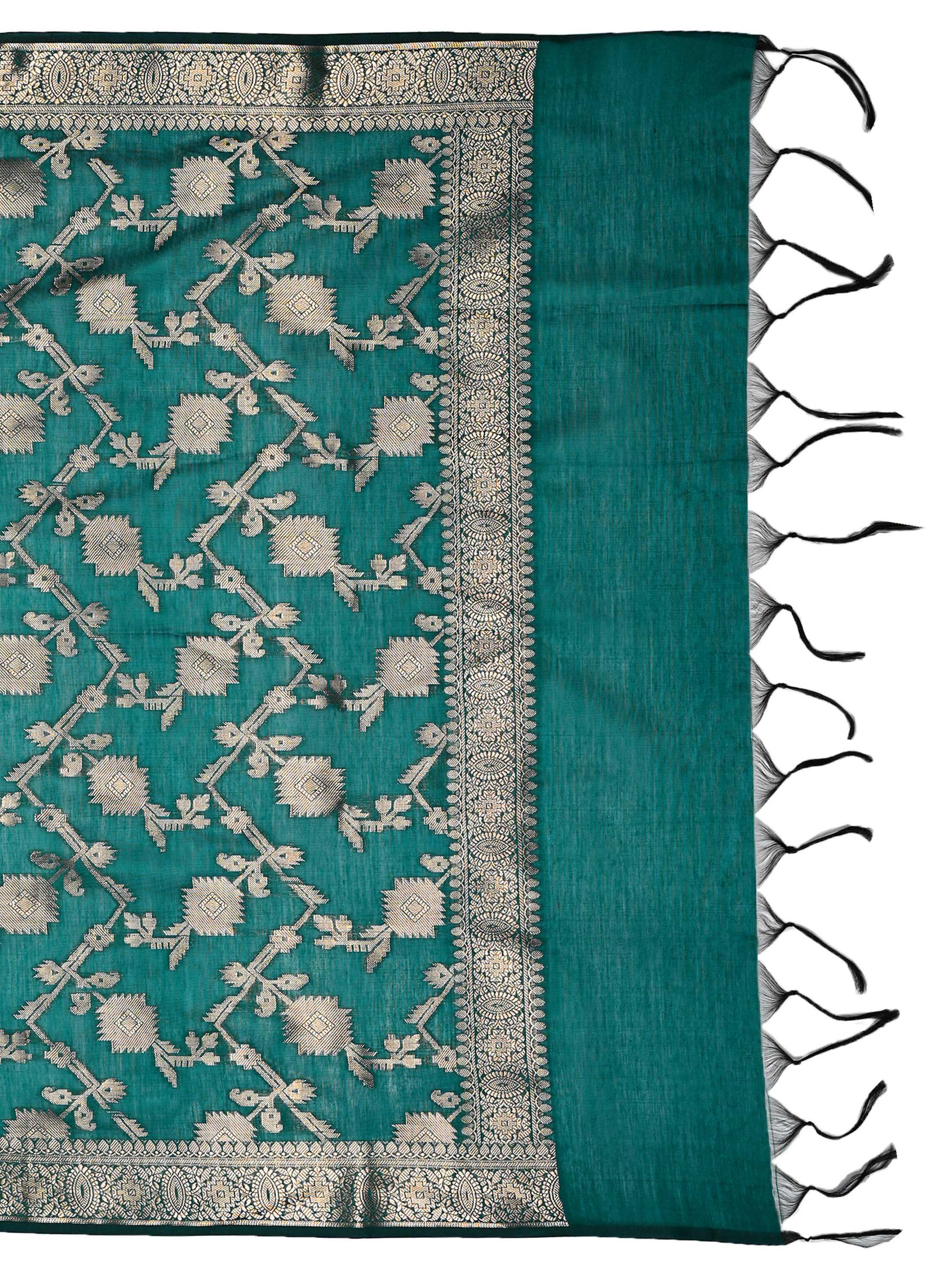 Emerald Teal Green & Grey Banarasi Chanderi Silk Unstitched Suit Set with Floral Jaal Dupatta