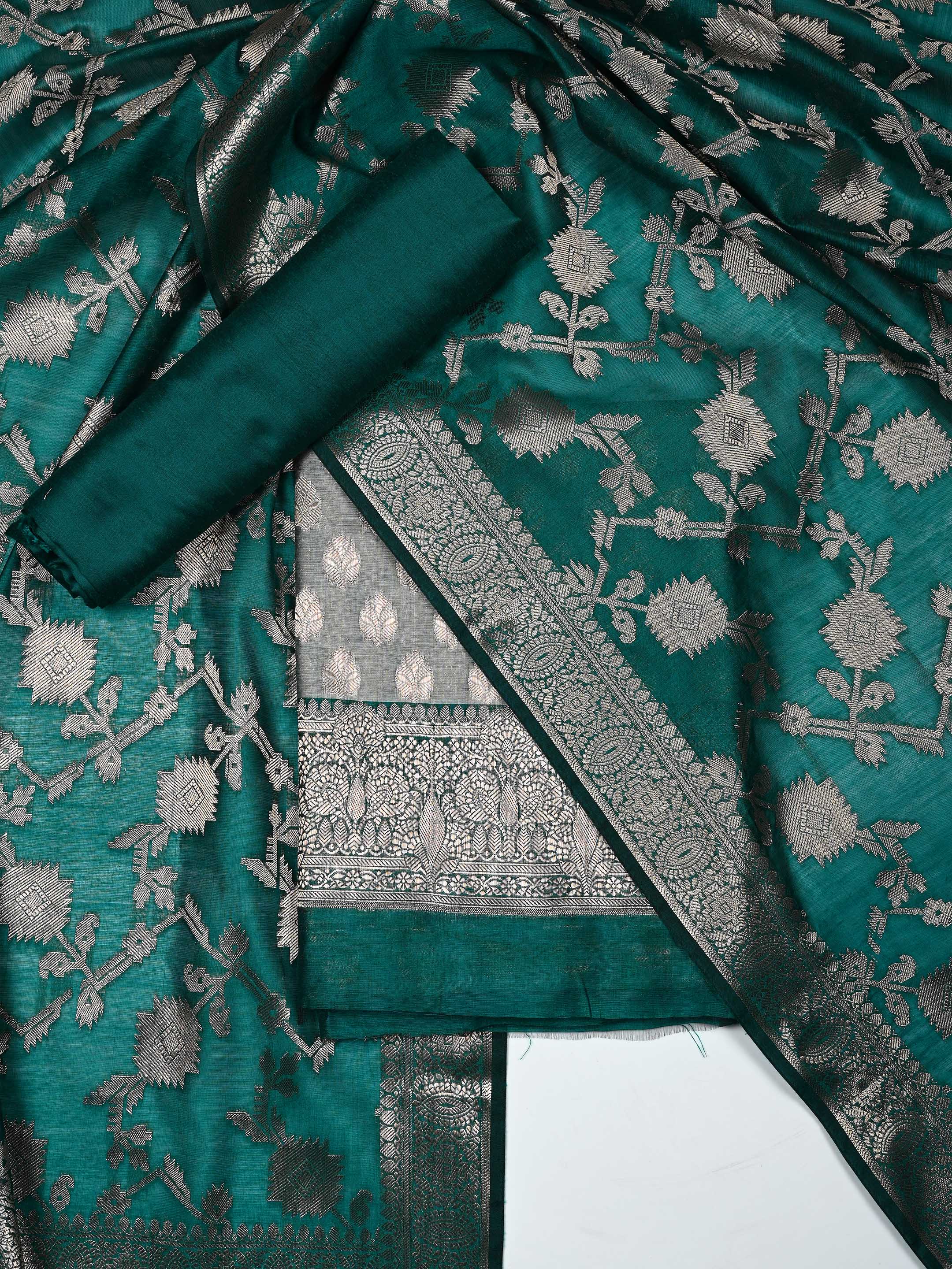 Emerald Teal Green & Grey Banarasi Chanderi Silk Unstitched Suit Set with Floral Jaal Dupatta