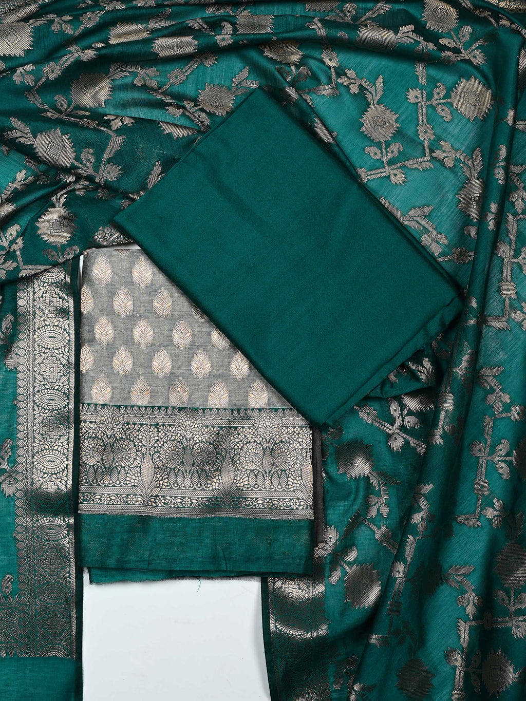 Emerald Teal Green & Grey Banarasi Chanderi Silk Unstitched Suit Set with Floral Jaal Dupatta