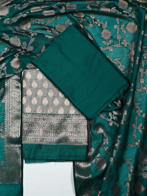 Emerald Teal Green & Grey Banarasi Chanderi Silk Unstitched Suit Set with Floral Jaal Dupatta