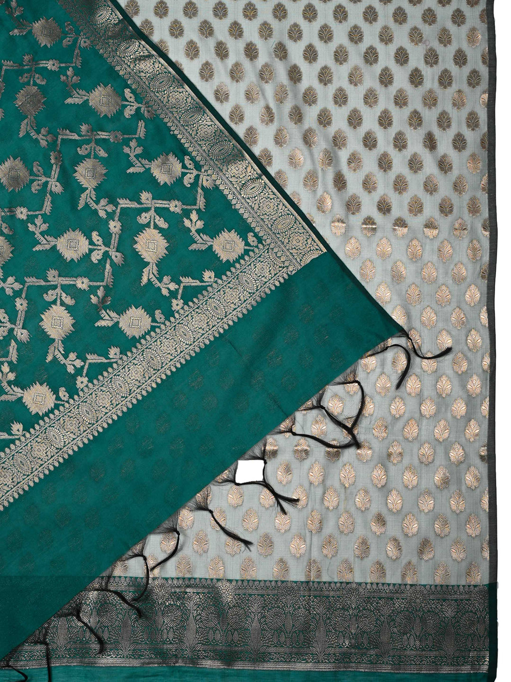 Emerald Teal Green & Grey Banarasi Chanderi Silk Unstitched Suit Set with Floral Jaal Dupatta