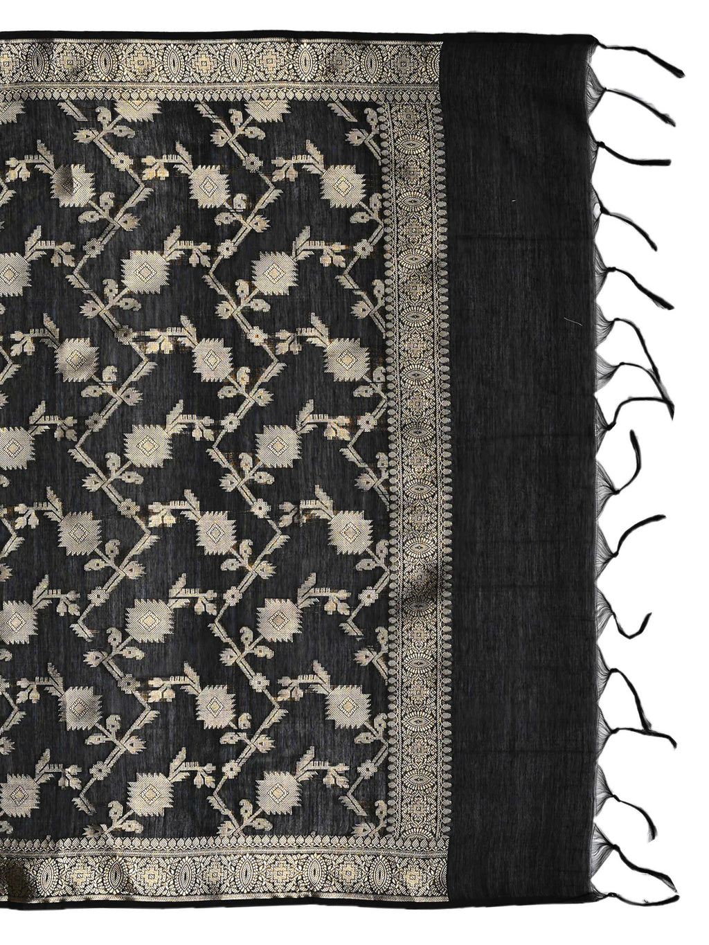 Black & Grey Banarasi Chanderi Silk Unstitched Suit Set with Floral Jaal Dupatta