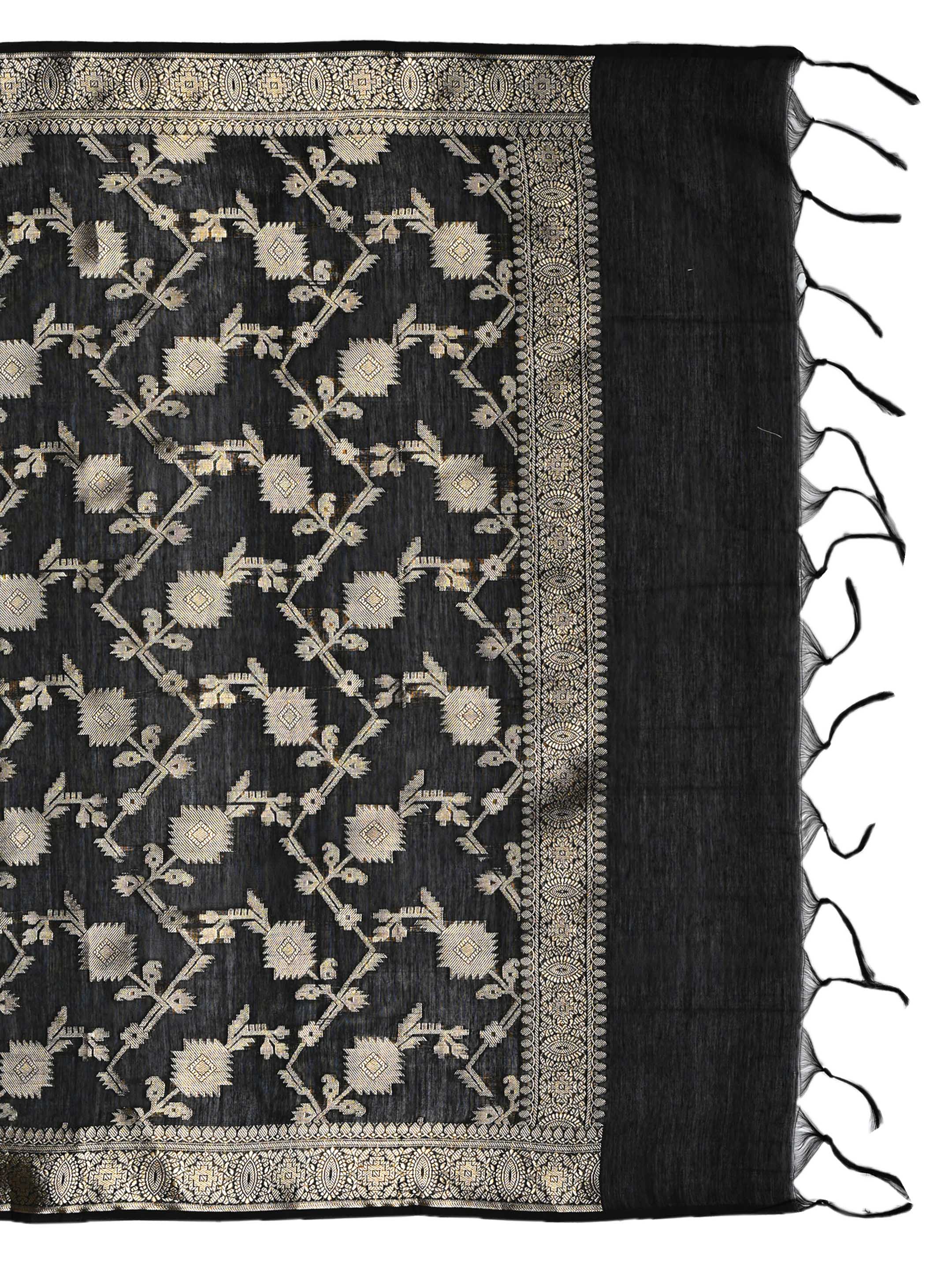 Black & Grey Banarasi Chanderi Silk Unstitched Suit Set with Floral Jaal Dupatta