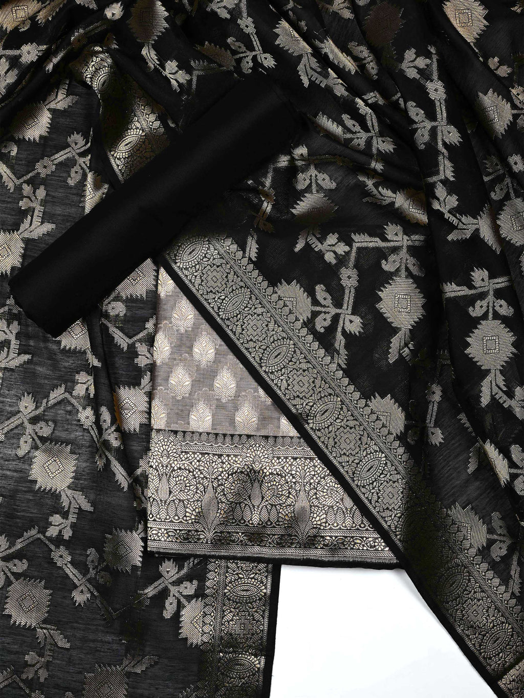 Black & Grey Banarasi Chanderi Silk Unstitched Suit Set with Floral Jaal Dupatta