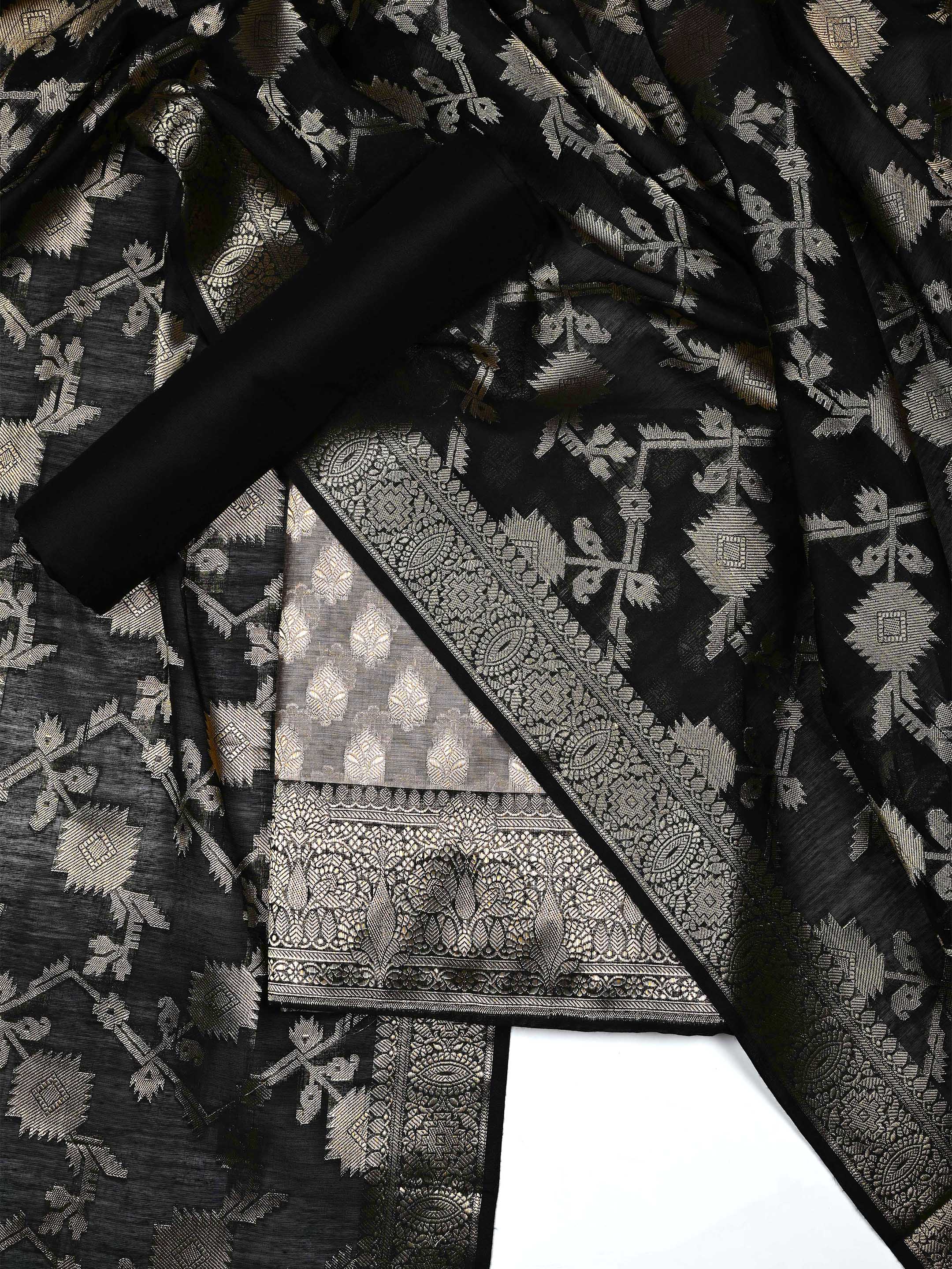Black & Grey Banarasi Chanderi Silk Unstitched Suit Set with Floral Jaal Dupatta