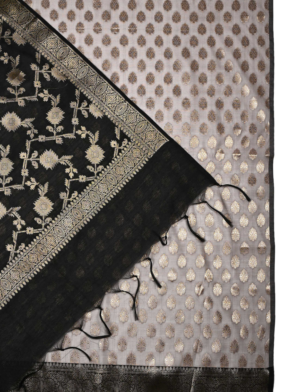 Black & Grey Banarasi Chanderi Silk Unstitched Suit Set with Floral Jaal Dupatta