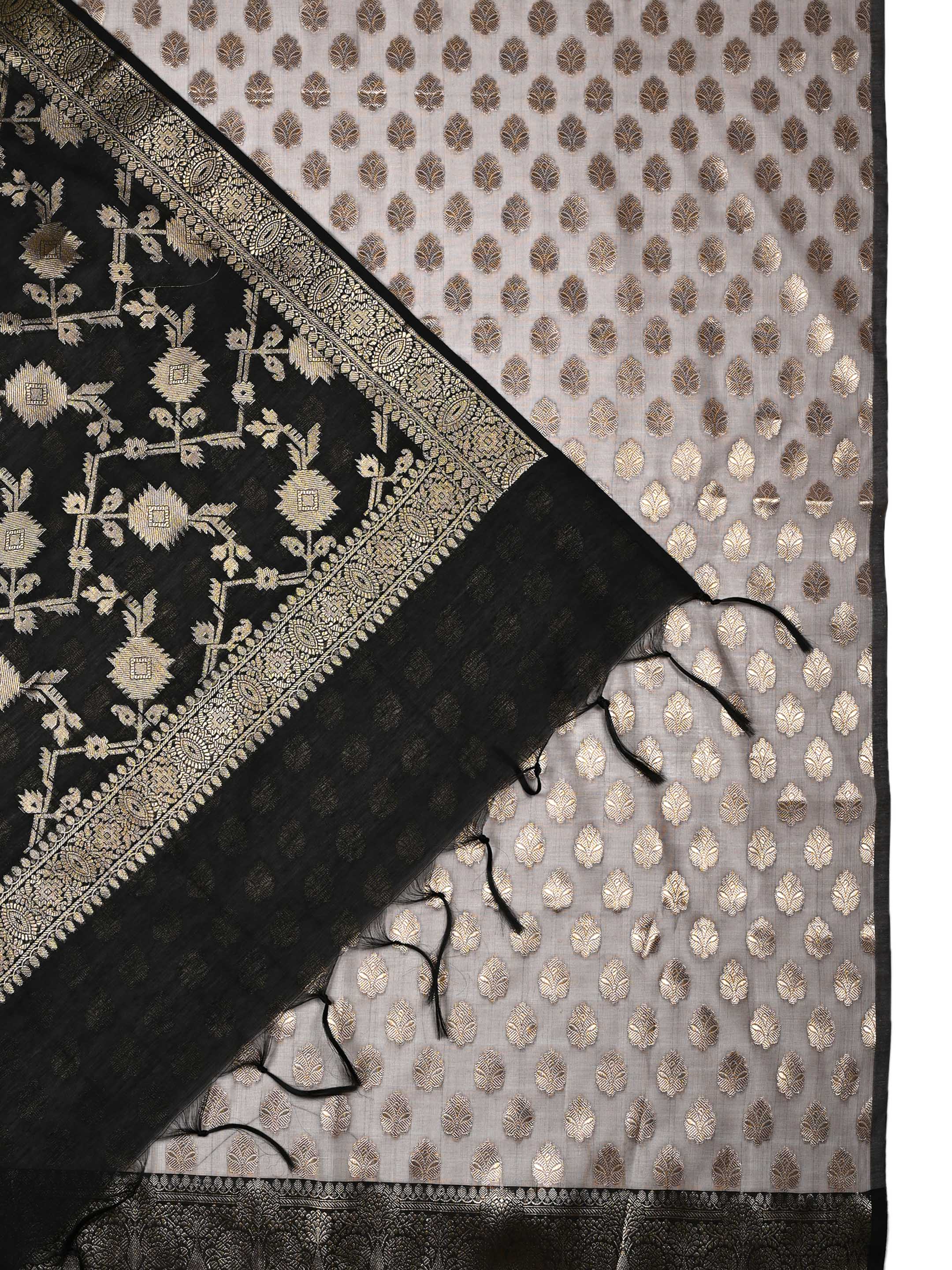 Black & Grey Banarasi Chanderi Silk Unstitched Suit Set with Floral Jaal Dupatta